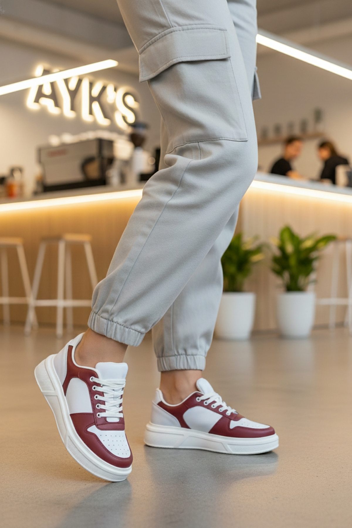 Ayakmod Ayakmod Beyaz Bordo Bağcıklı Cilt Hafif Unisex Sneaker Aper 049 G | Flo Bordo - 4. görsel