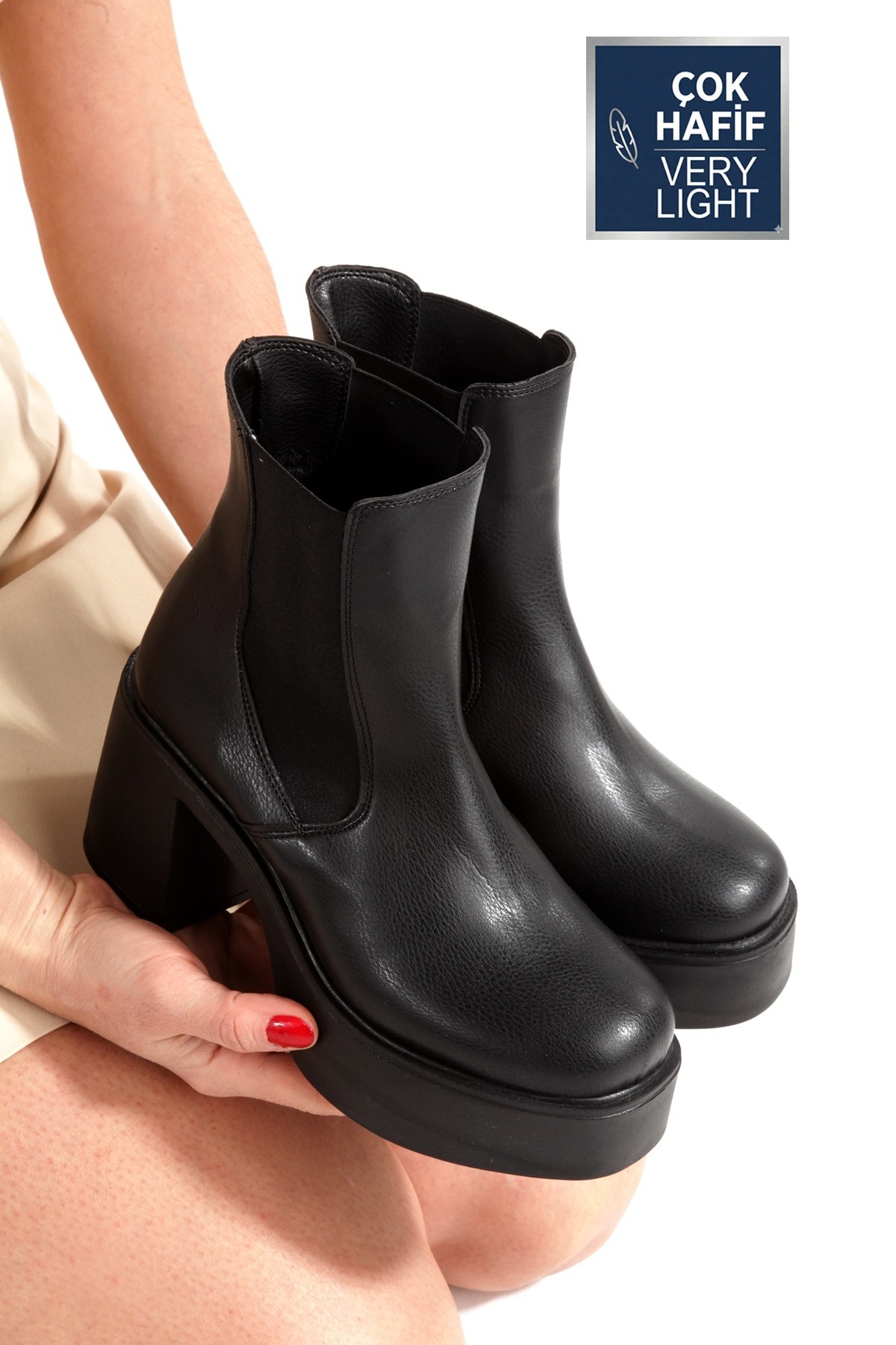 Modabuymuş Modabuymuş Siyah Yüksek Platform Topuklu Bot Fermuarsız Lastikli Bot Lancez Flo'da! Siyah - 5. görsel