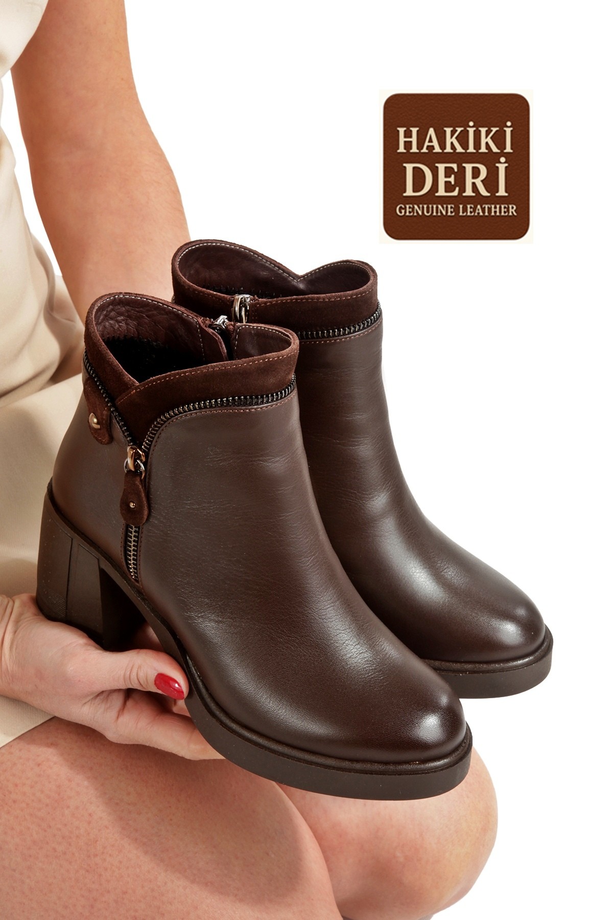 Modabuymuş Modabuymuş Kahverengi Hakiki Deri Koyu Kahve Rengi Kalın Topuklu Fermuarlı Kadın Bot Sayano Flo'da! Kahverengi - 5. görsel