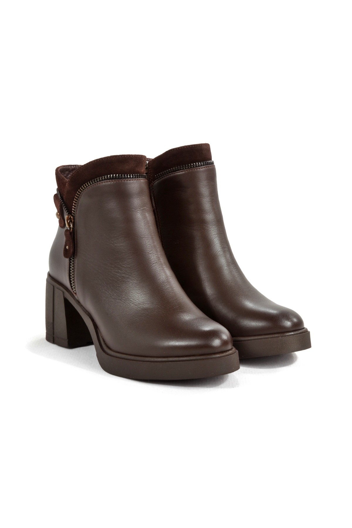 Modabuymuş Modabuymuş Kahverengi Hakiki Deri Koyu Kahve Rengi Kalın Topuklu Fermuarlı Kadın Bot Sayano Flo'da! Kahverengi - 6. görsel