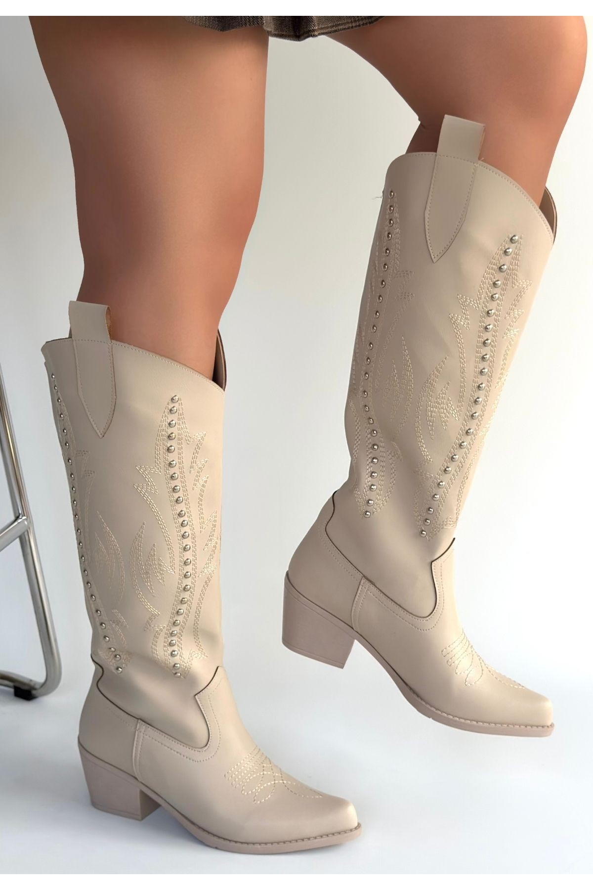 Pabucmarketi Pabucmarketi Bej Kadın Topuklu Çizme Bot | Flo Bej - 3. görsel