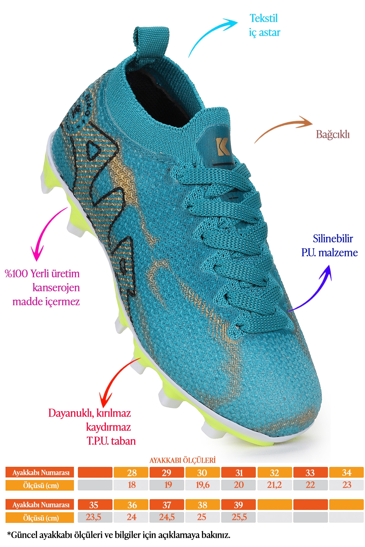 Mila Krampon Çim Saha Erkek Çocuk Futbol Ayakkabı Turkuaz - Altın - Görsel 3