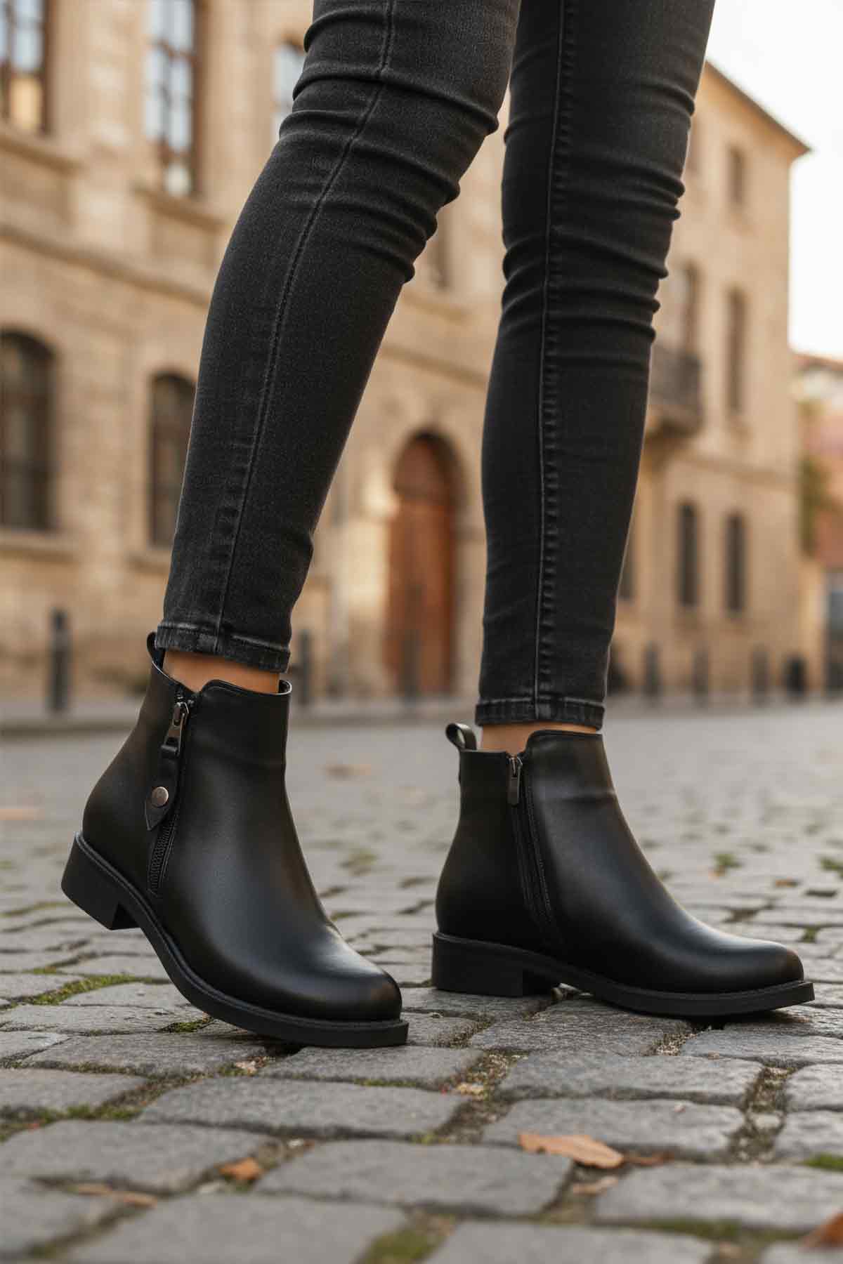 Ayakmod Ayakmod 224581 Z Soğuğa Dirençli Polarlı Fermuarlı Siyah Cilt Kadın Bot Flo'da! Siyah - 2. görsel