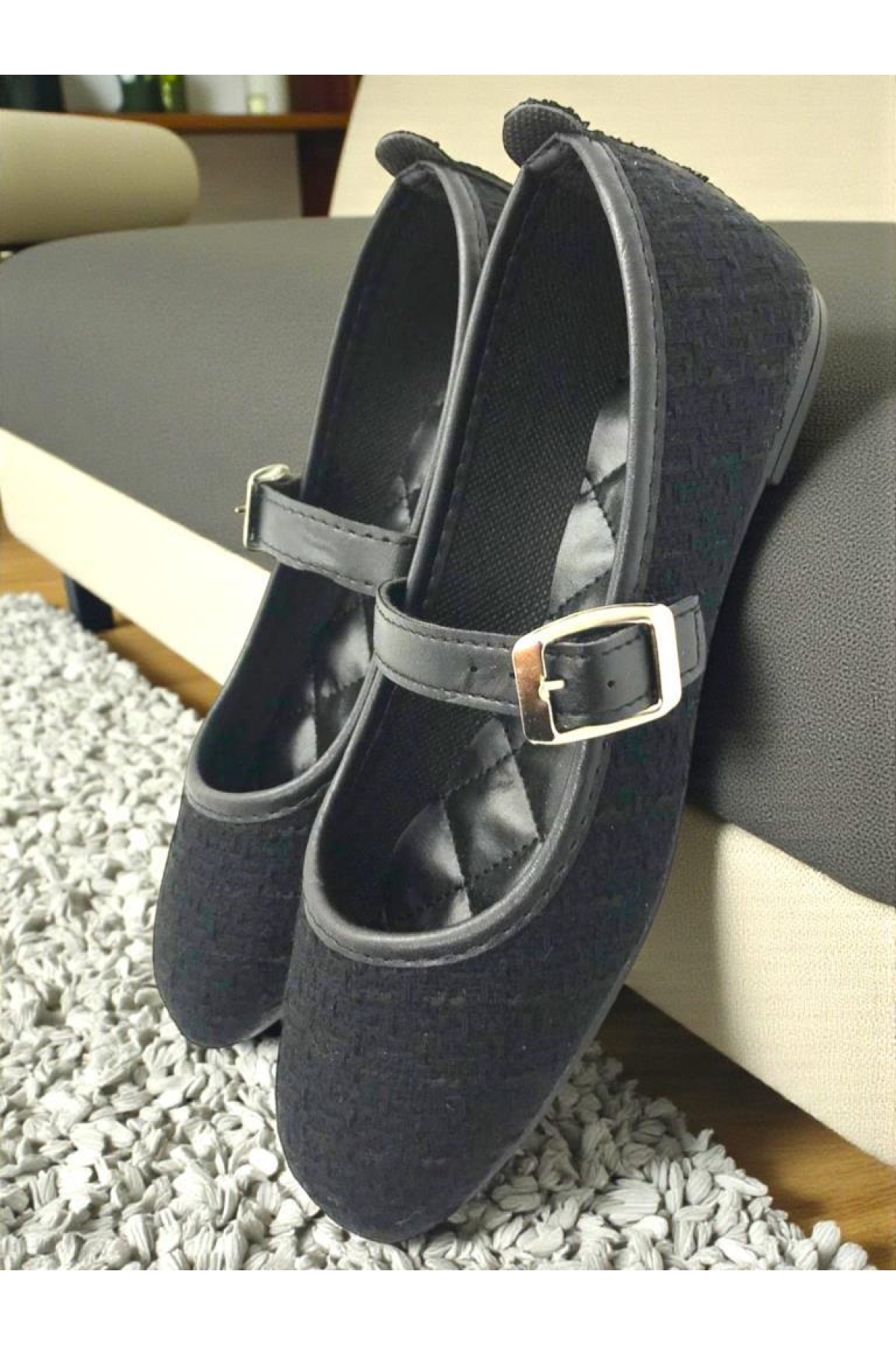 Ellaboni Kahverengi Ellaboni Mary Jane Kadın Siyah Tiftikli Keten Babet Rahat Ev Ayakkabısı