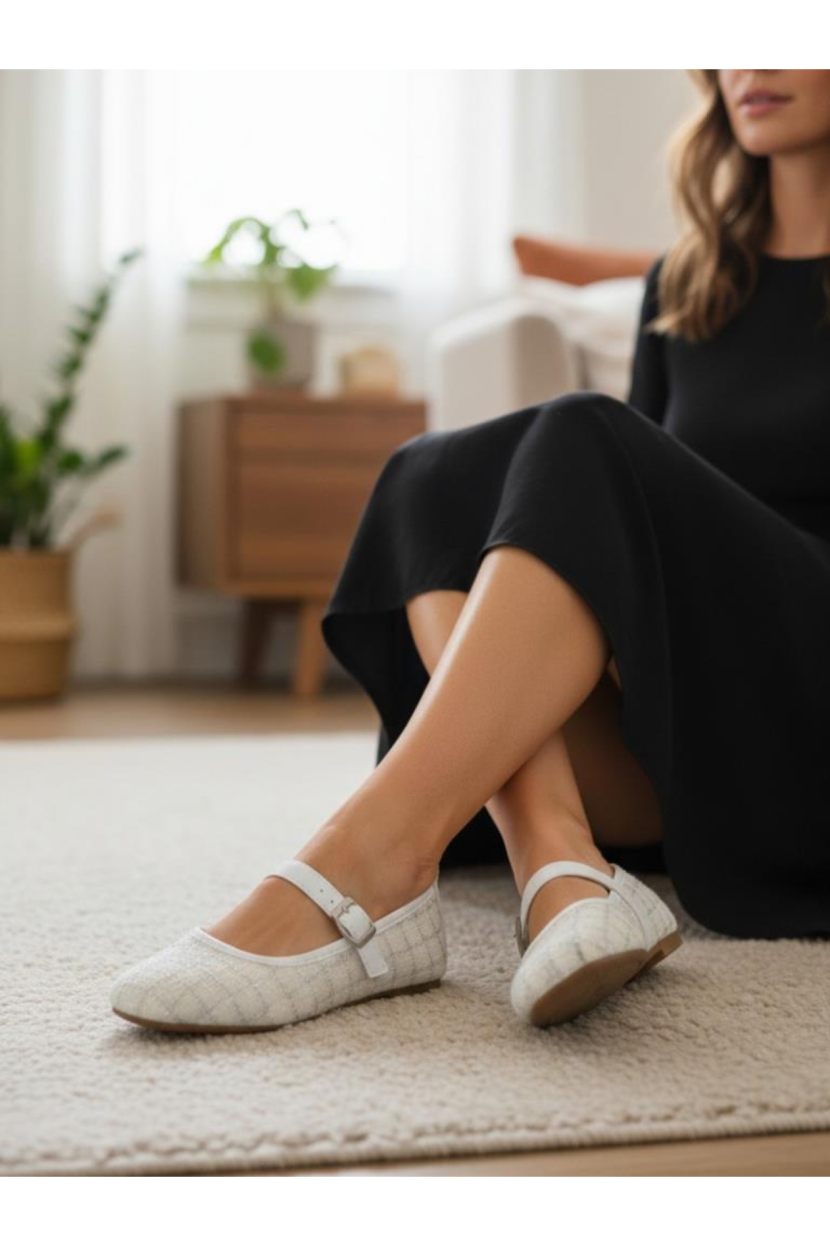 Ellaboni Kahverengi Ellaboni Mary Jane Kadın Siyah Tiftikli Keten Babet Rahat Ev Ayakkabısı