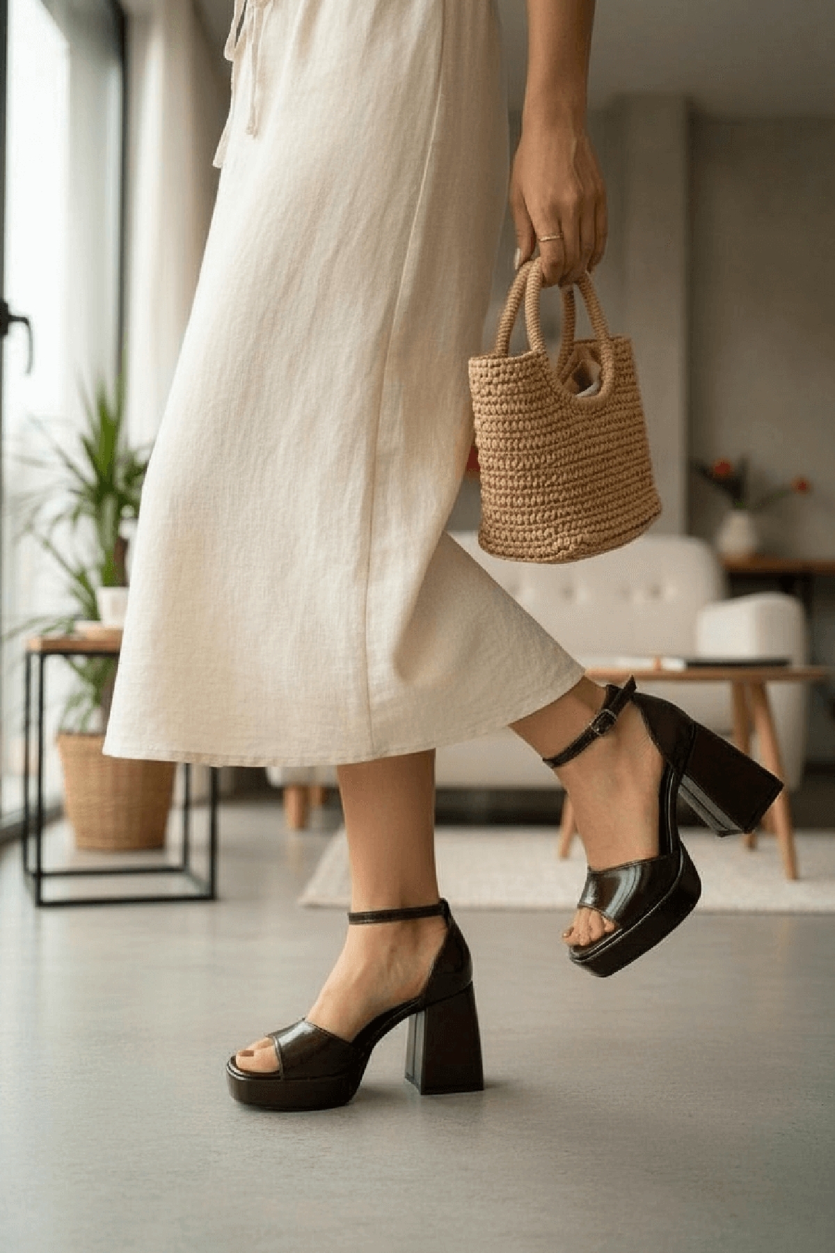June Kahverengi Kırışık Rugan ( 9 Cm Topuk ) Platform Topuklu