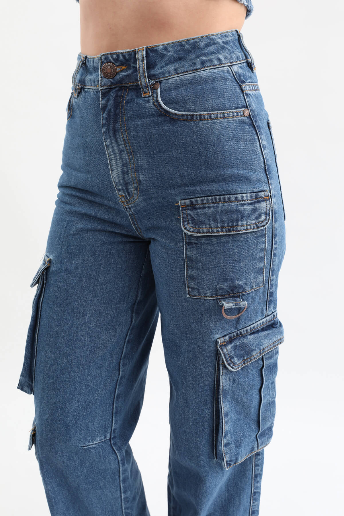 Kadın Baggy Kalıp Kargo Cepli Jean Pantolon Mavi Fiyatları