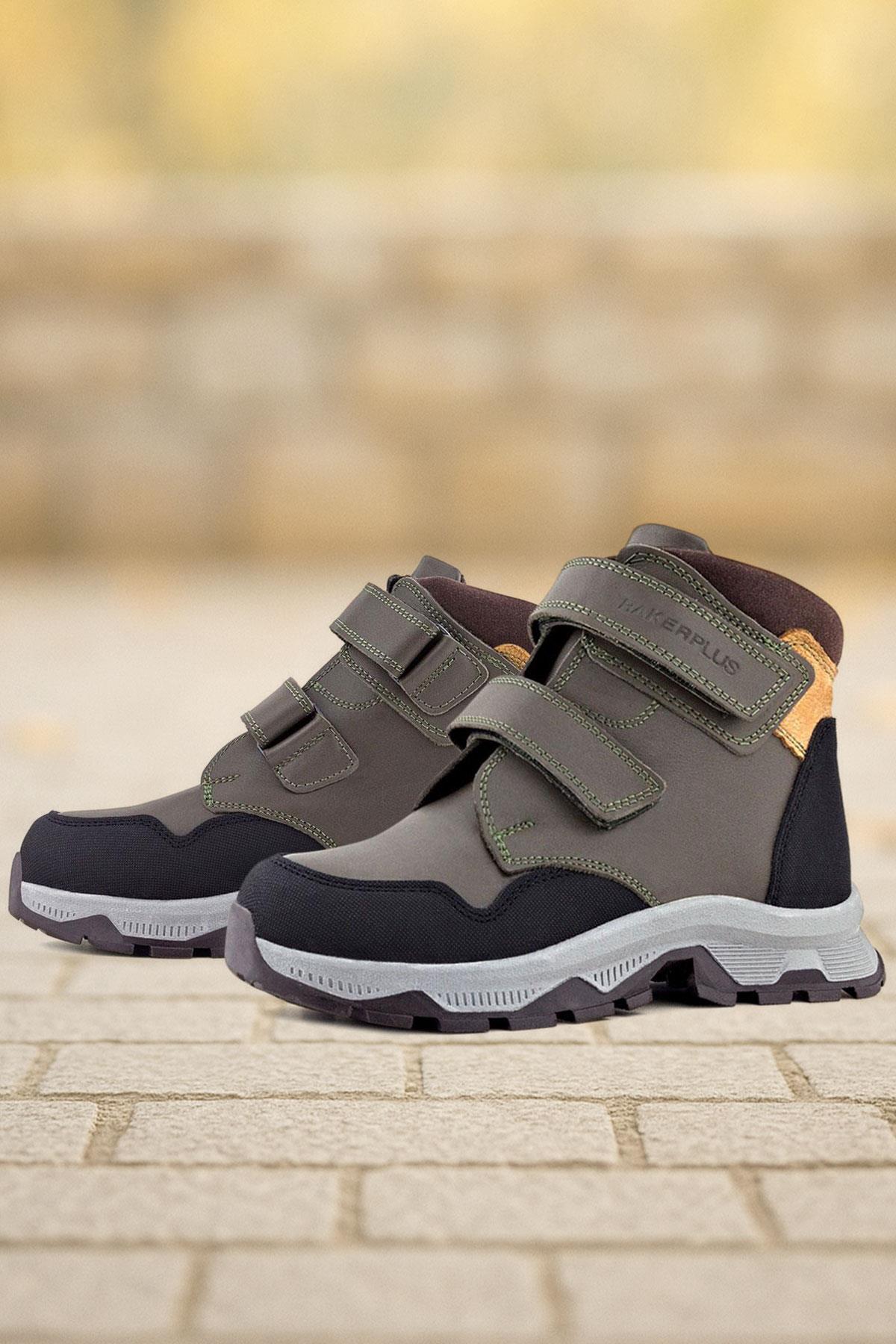 Rakerplus Haki Rakerplus Hakiki Deri Trekking Yeşil Sarı Cırt Cırtlı Erkek Çocuk Bot