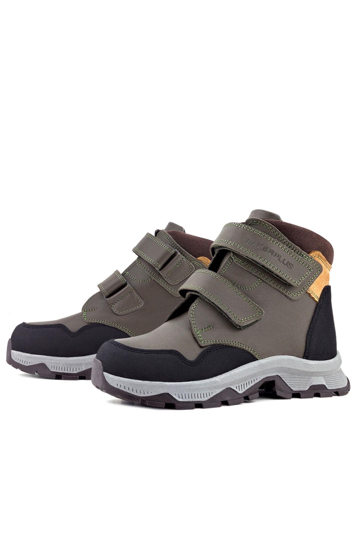 Rakerplus Haki Rakerplus Hakiki Deri Trekking Yeşil Sarı Cırt Cırtlı Erkek Çocuk Bot
