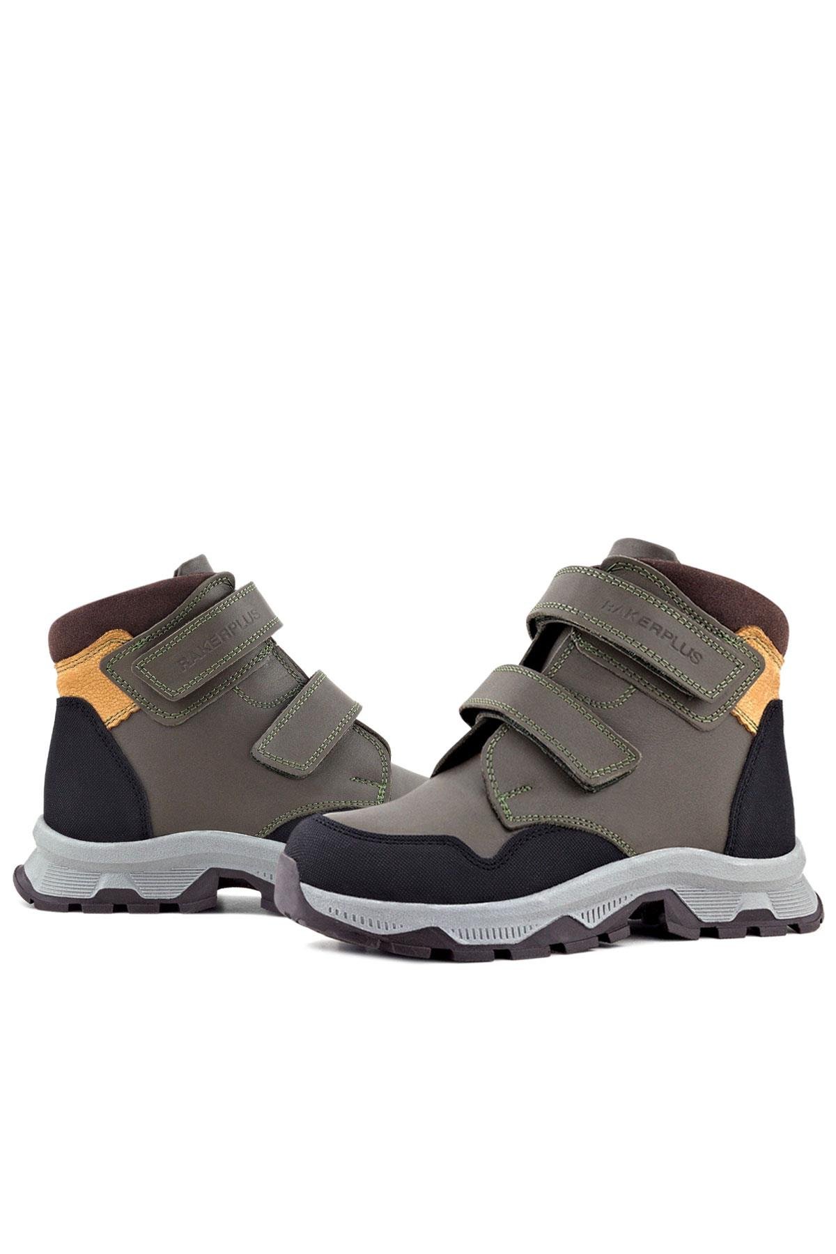 Rakerplus Haki Rakerplus Hakiki Deri Trekking Yeşil Sarı Cırt Cırtlı Erkek Çocuk Bot
