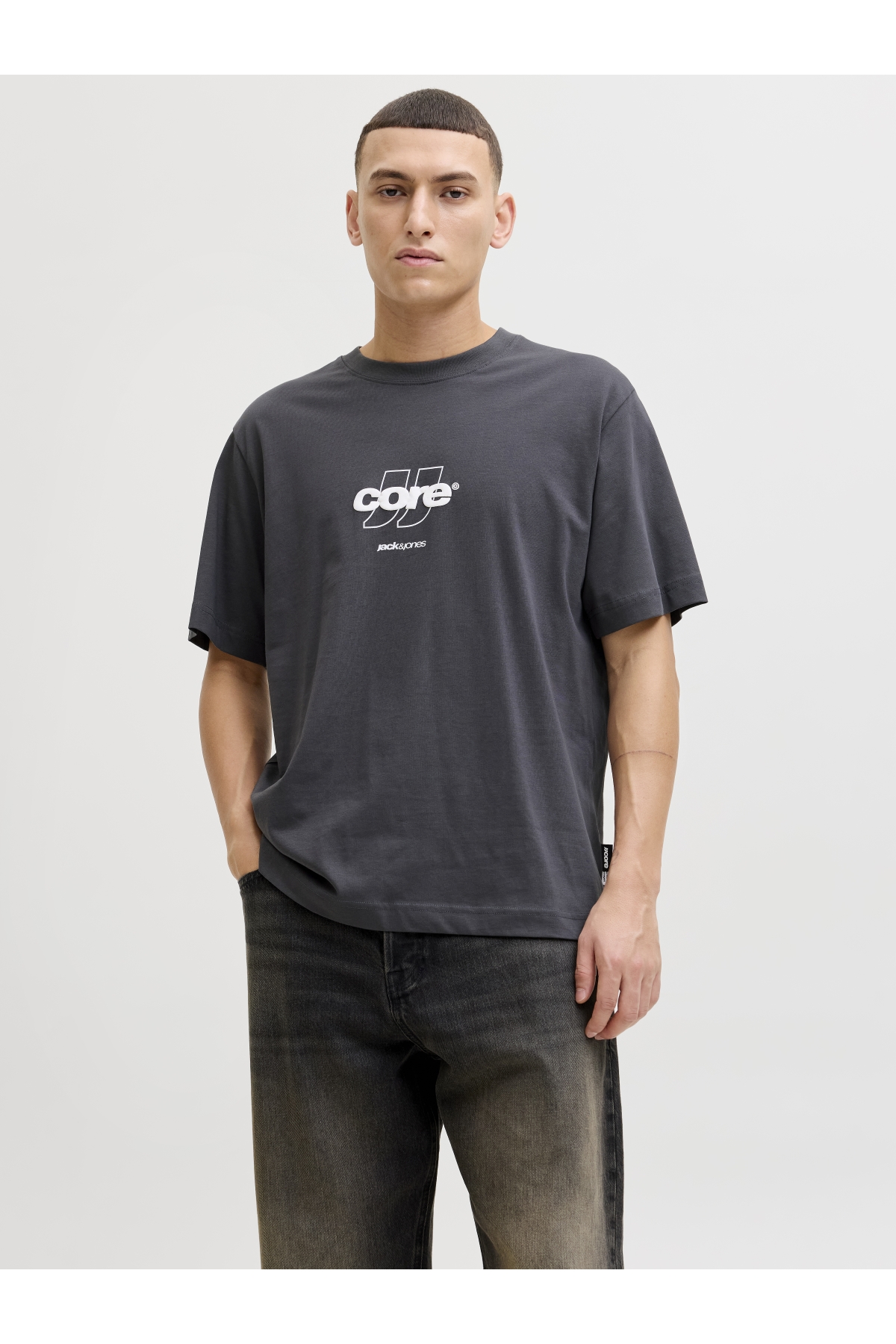 Jack Jones Jcoclub Front Prınt Tee Ss Crew Neck Erkek Antrasit