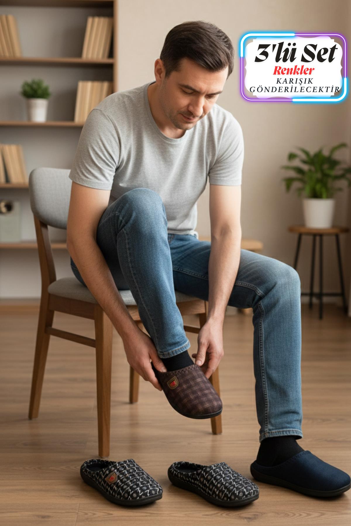 Gezer Çok Renkli Gezer Kışlık Rahat Erkek Taban Çeyiz Ev Halı Misafir Ofis Terliği-(3'lü Set)