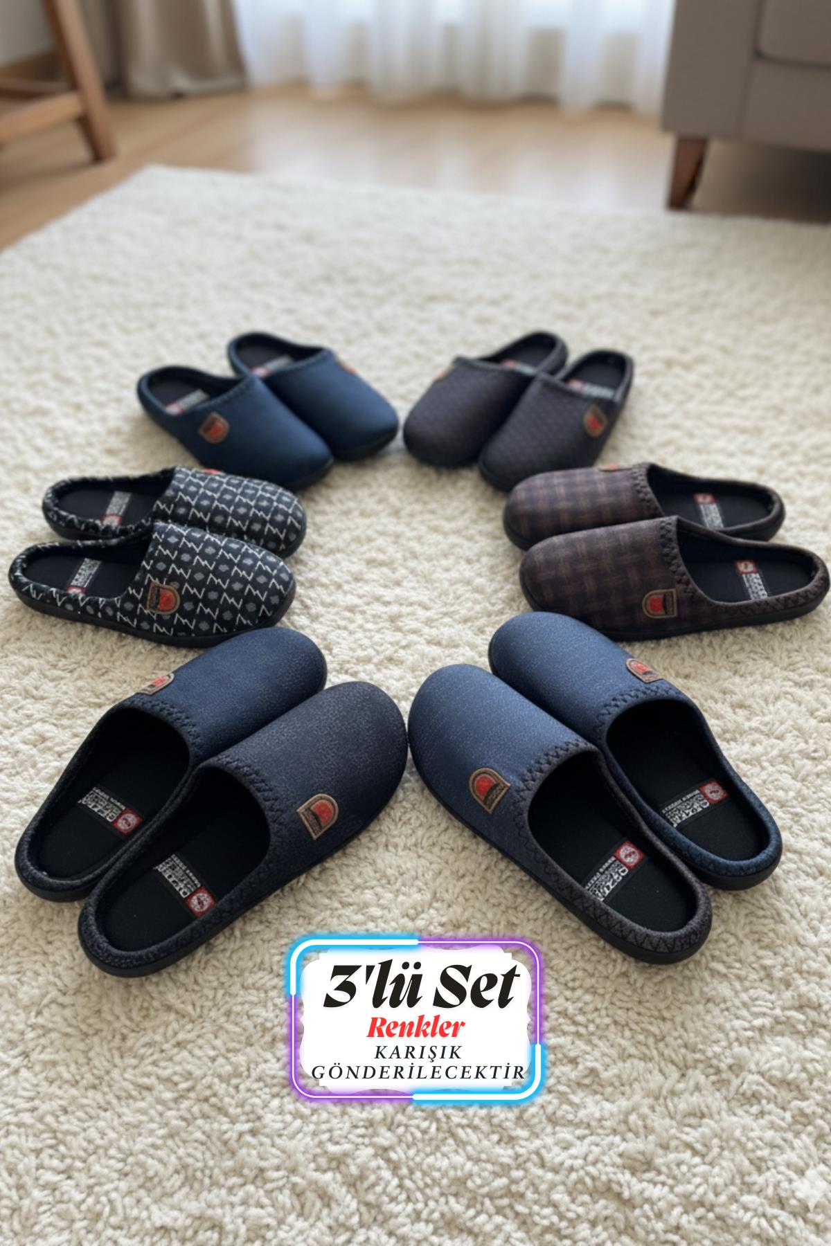 Gezer Çok Renkli Gezer Kışlık Rahat Erkek Taban Çeyiz Ev Halı Misafir Ofis Terliği-(3'lü Set)