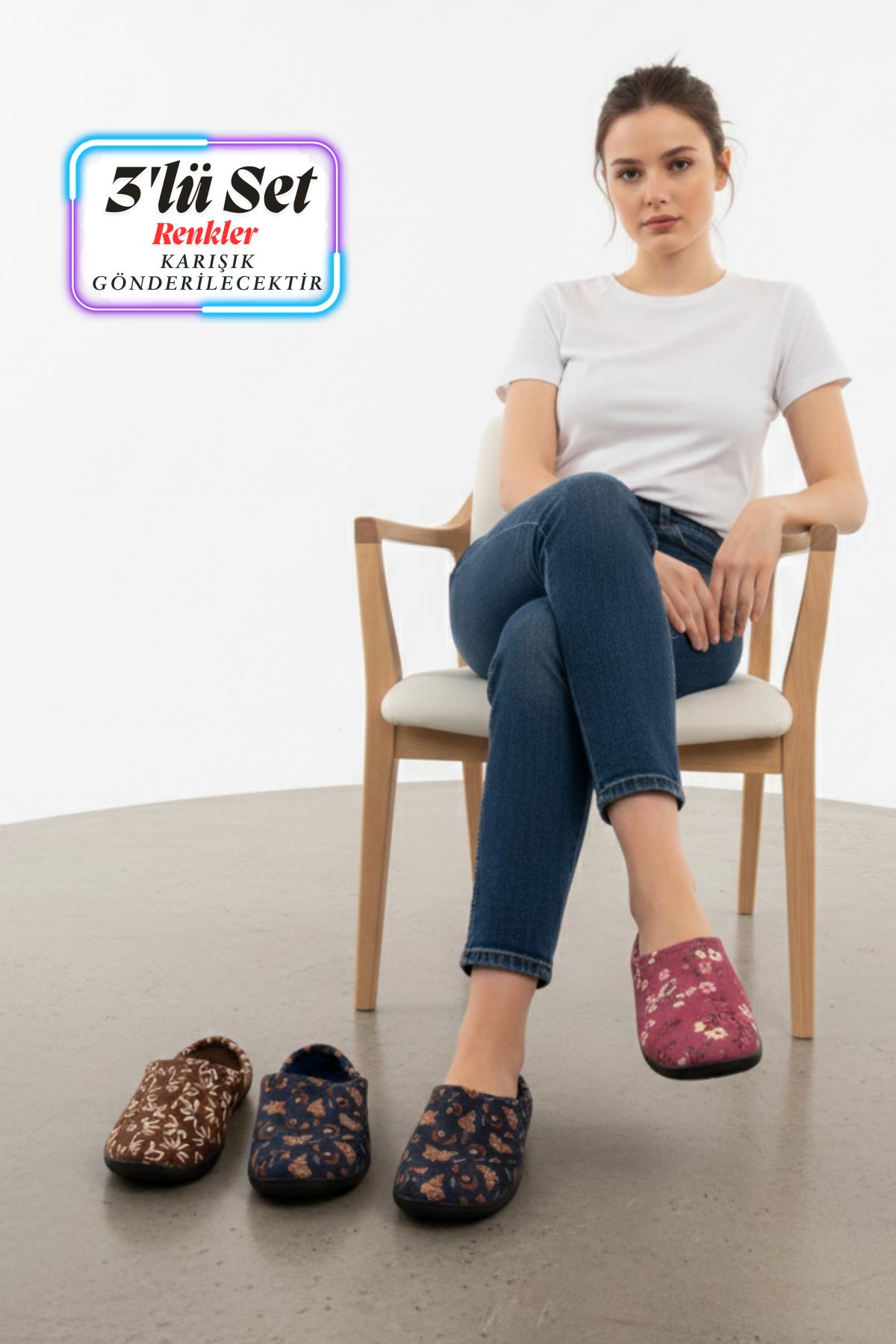 Gezer Çok Renkli Gezer Kışlık Rahat Kadın Taban Çeyiz Ev Halı Misafir Ofis Terliği-(3'lü Set)