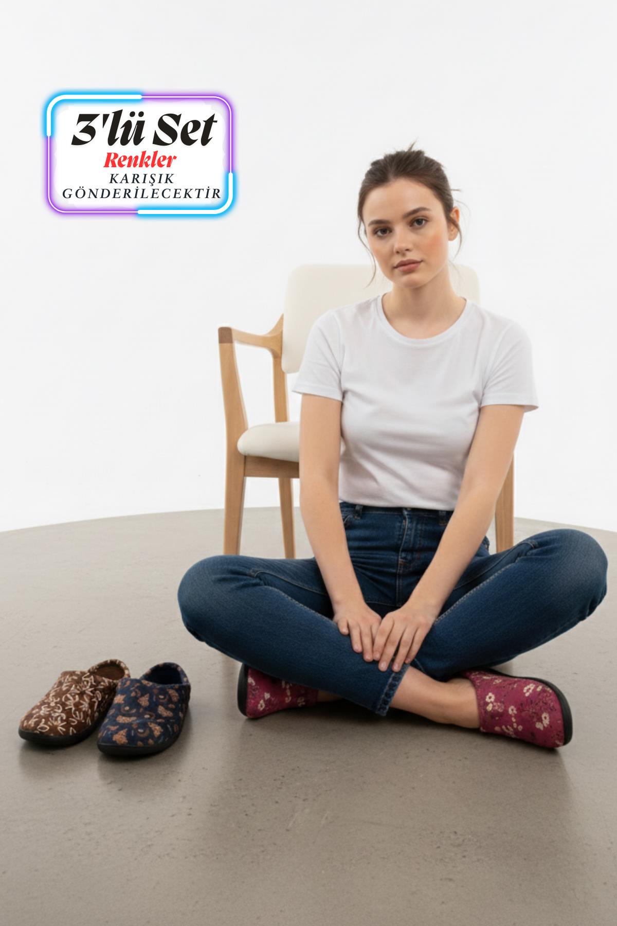 Gezer Çok Renkli Gezer Kışlık Rahat Kadın Taban Çeyiz Ev Halı Misafir Ofis Terliği-(3'lü Set)