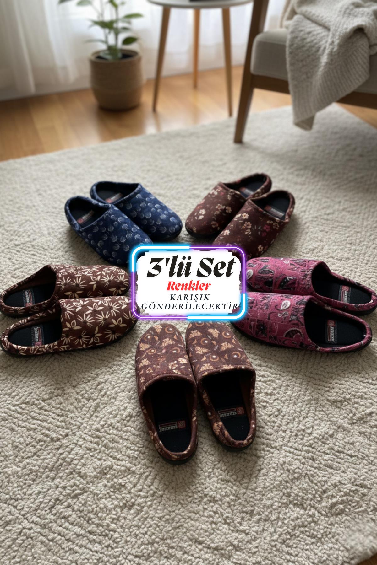 Gezer Çok Renkli Gezer Kışlık Rahat Kadın Taban Çeyiz Ev Halı Misafir Ofis Terliği-(3'lü Set)