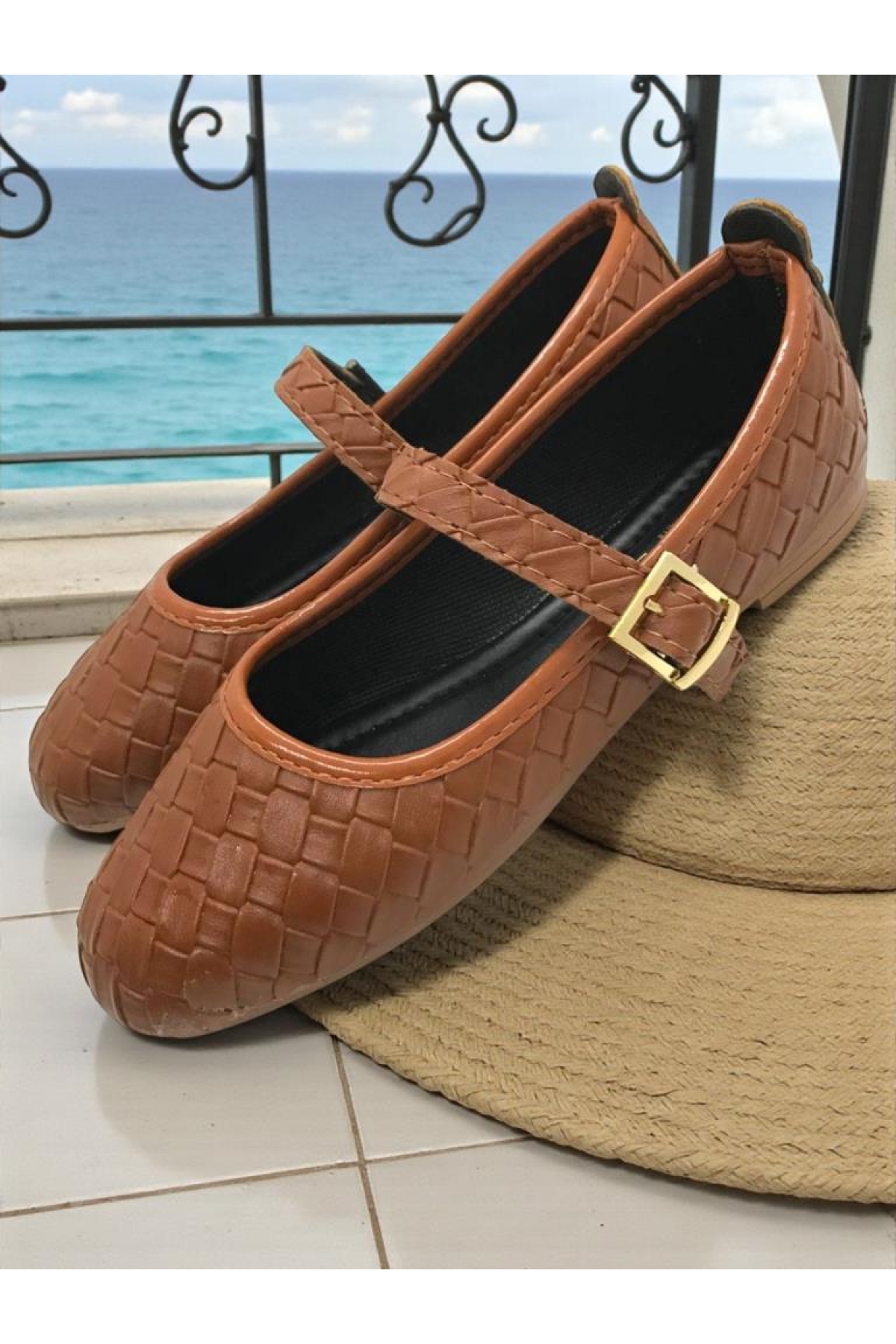 Ellaboni Kahverengi Ellaboni Mary Jane Kadın Örgü Desenli Babet Ortopedik Taban Ev İş Ofis Ayakkabısı Babet