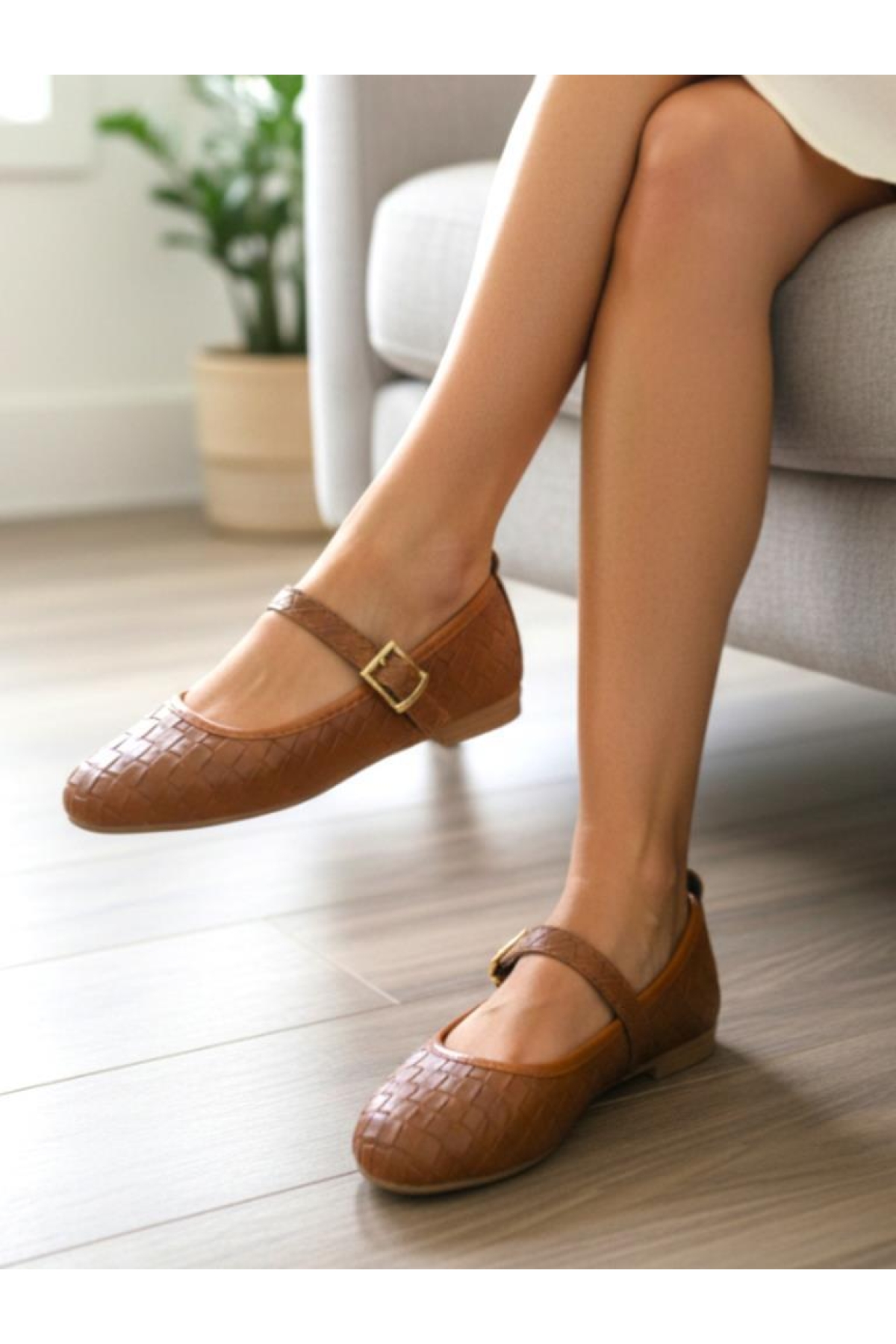 Ellaboni Kahverengi Ellaboni Mary Jane Kadın Örgü Desenli Babet Ortopedik Taban Ev İş Ofis Ayakkabısı Babet