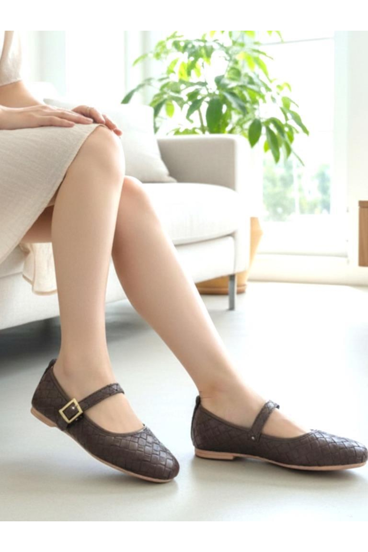 Ellaboni Kahverengi Ellaboni Mary Jane Kadın Örgü Desenli Babet Ortopedik Taban Ev İş Ofis Ayakkabısı Babet