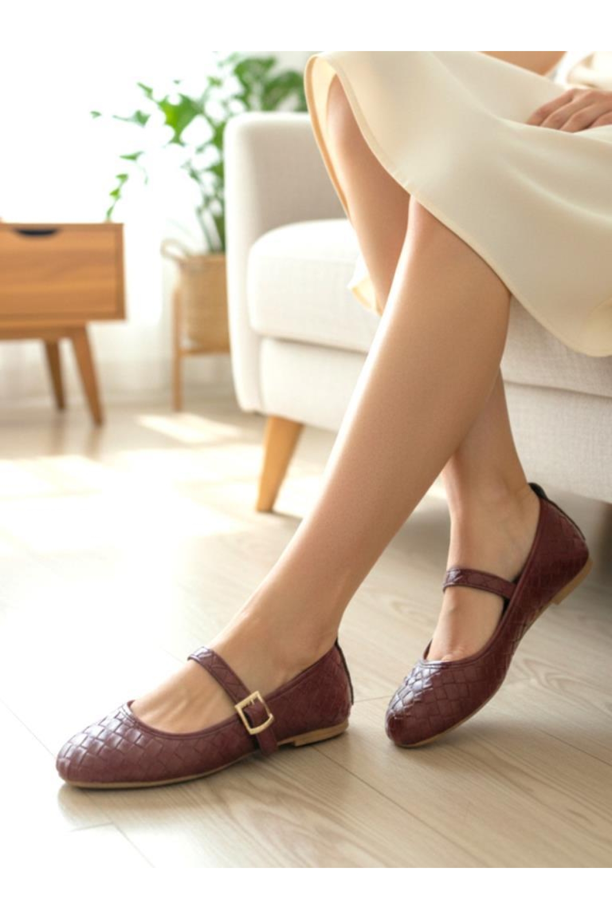 Ellaboni Kahverengi Ellaboni Mary Jane Kadın Örgü Desenli Babet Ortopedik Taban Ev İş Ofis Ayakkabısı Babet