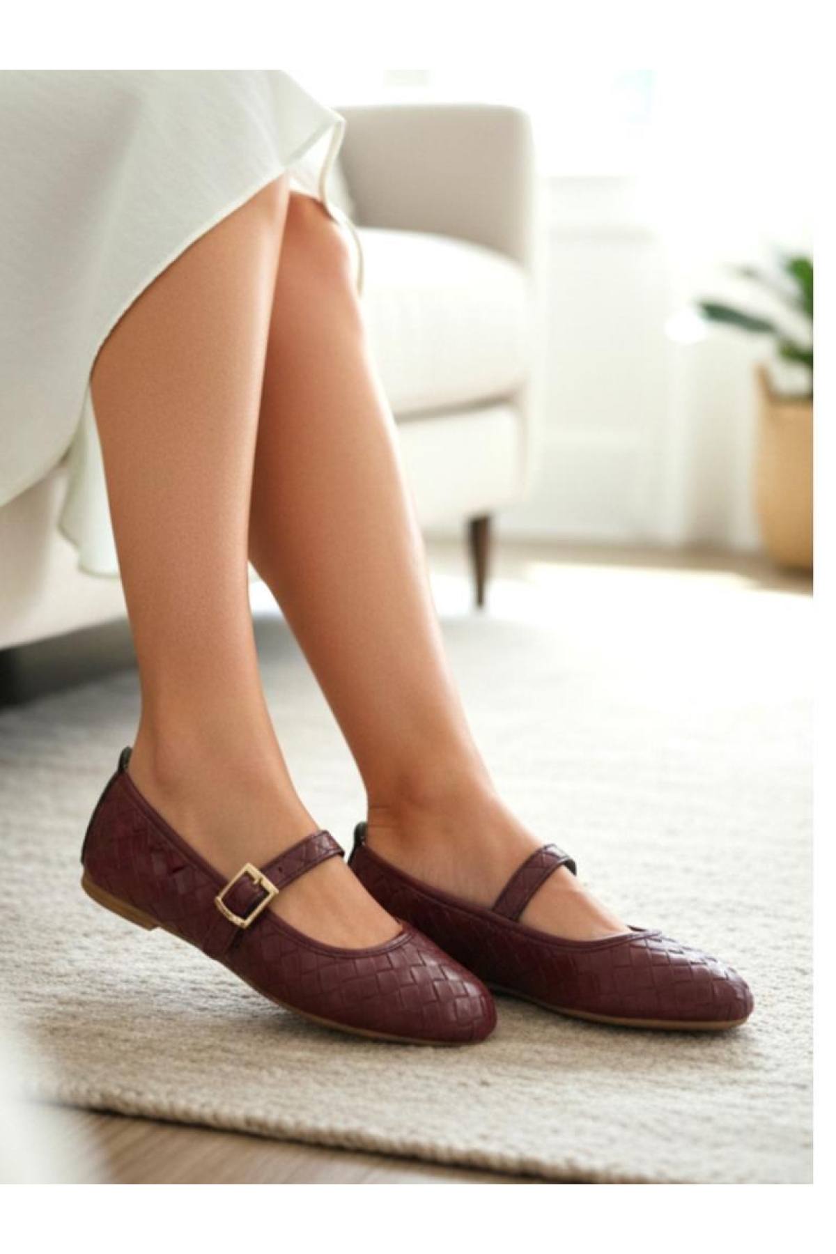 Ellaboni Kahverengi Ellaboni Mary Jane Kadın Örgü Desenli Babet Ortopedik Taban Ev İş Ofis Ayakkabısı Babet