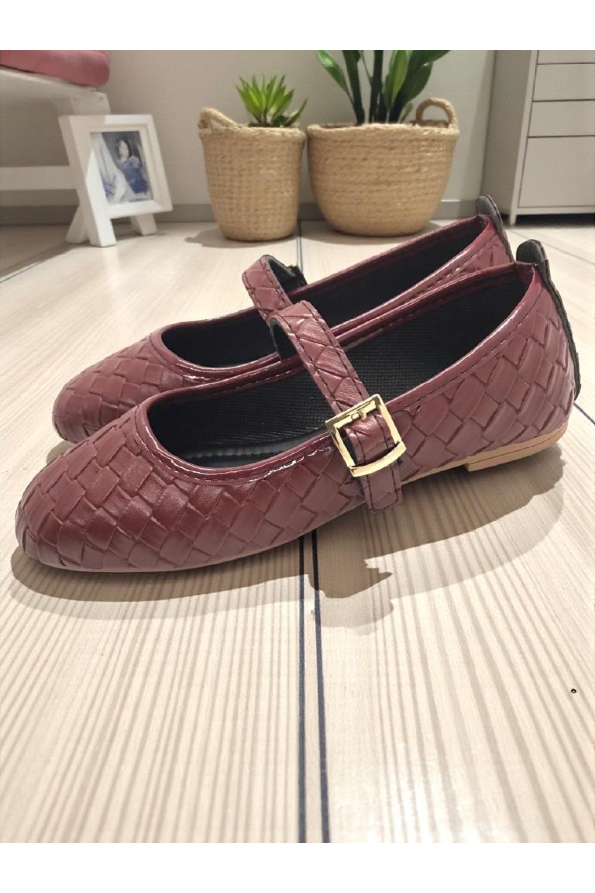 Ellaboni Kahverengi Ellaboni Mary Jane Kadın Örgü Desenli Babet Ortopedik Taban Ev İş Ofis Ayakkabısı Babet