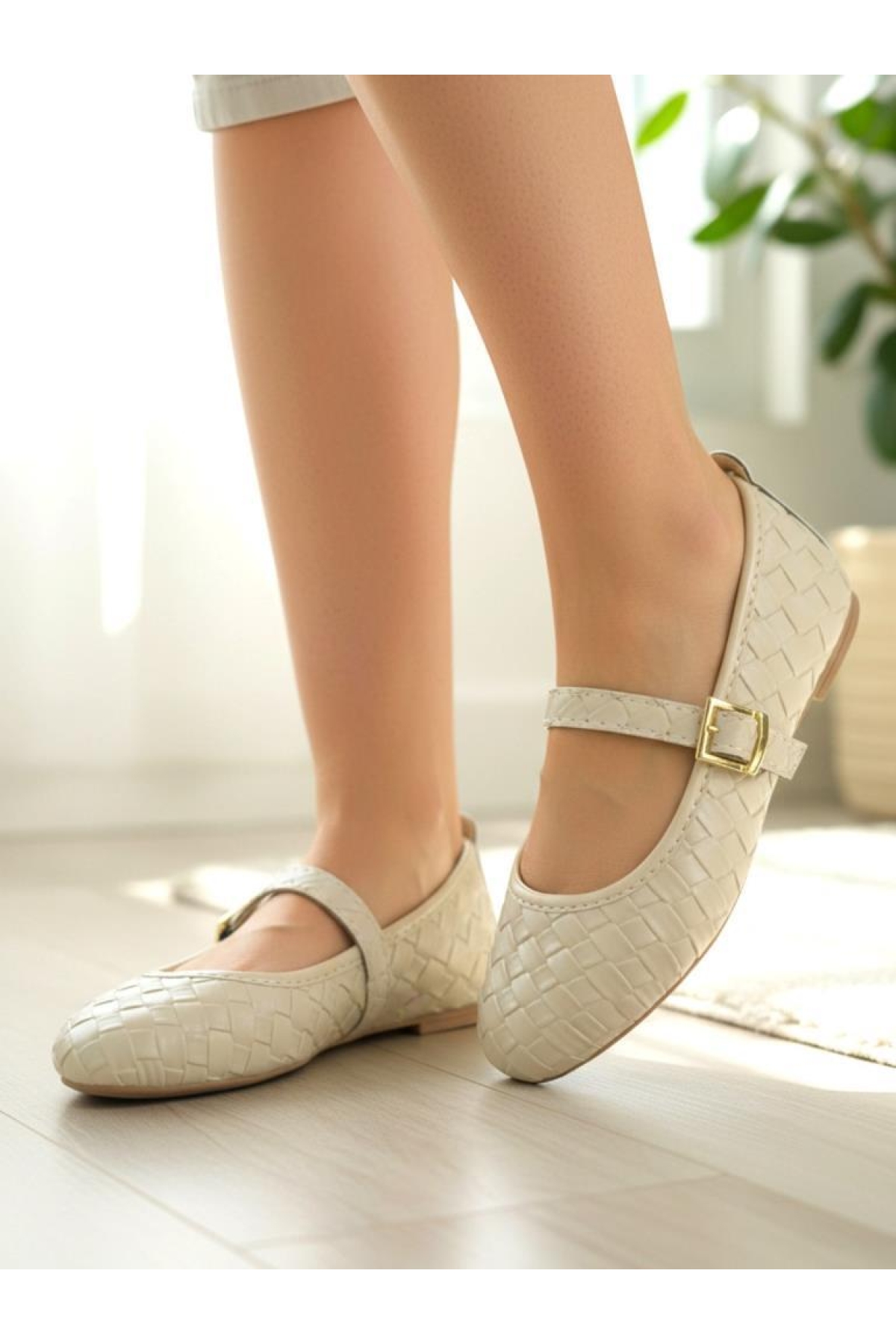 Ellaboni Kahverengi Ellaboni Mary Jane Kadın Örgü Desenli Babet Ortopedik Taban Ev İş Ofis Ayakkabısı Babet