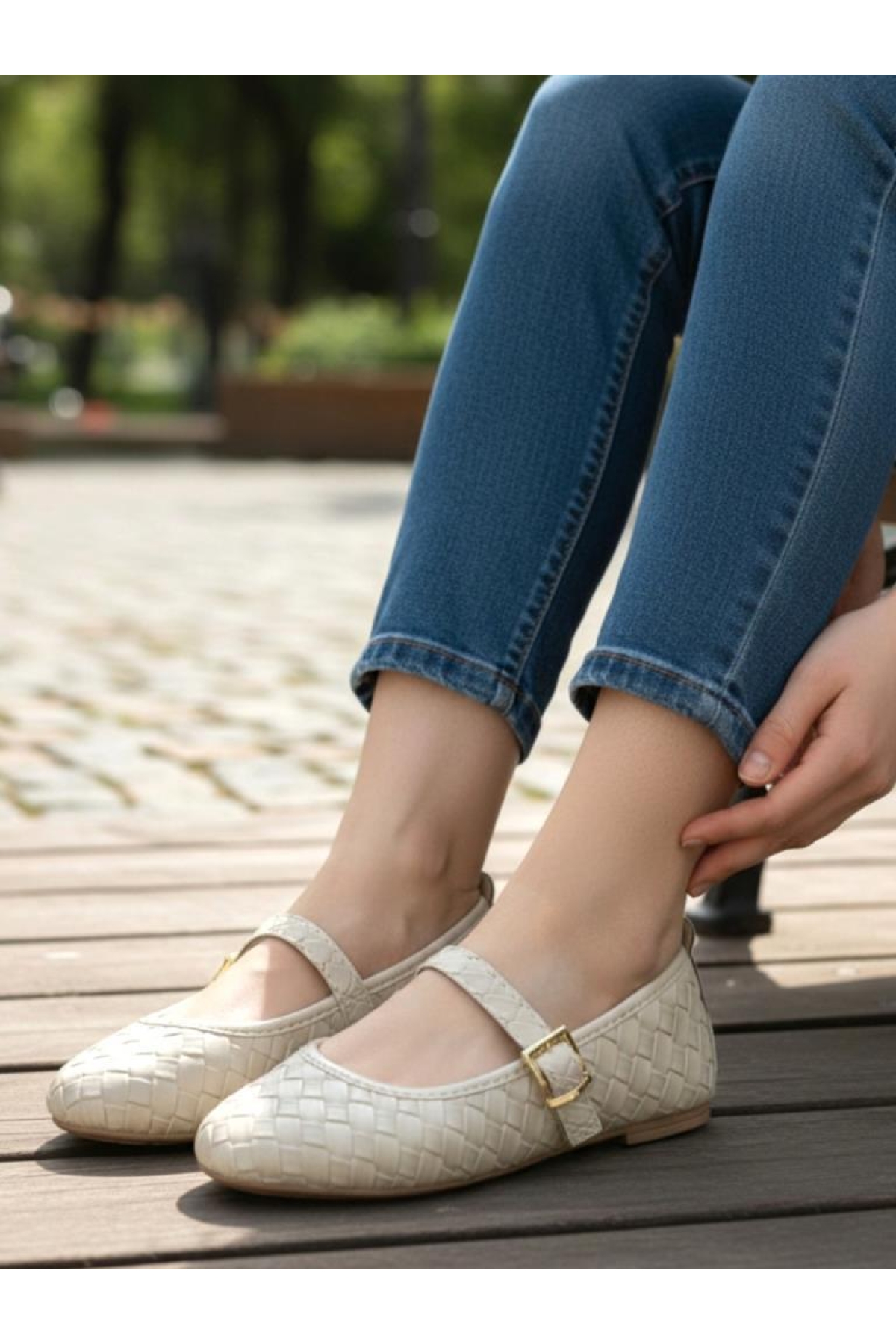 Ellaboni Kahverengi Ellaboni Mary Jane Kadın Örgü Desenli Babet Ortopedik Taban Ev İş Ofis Ayakkabısı Babet