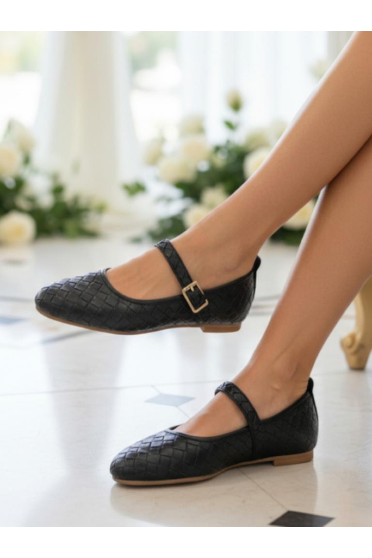 Ellaboni Kahverengi Ellaboni Mary Jane Kadın Örgü Desenli Babet Ortopedik Taban Ev İş Ofis Ayakkabısı Babet