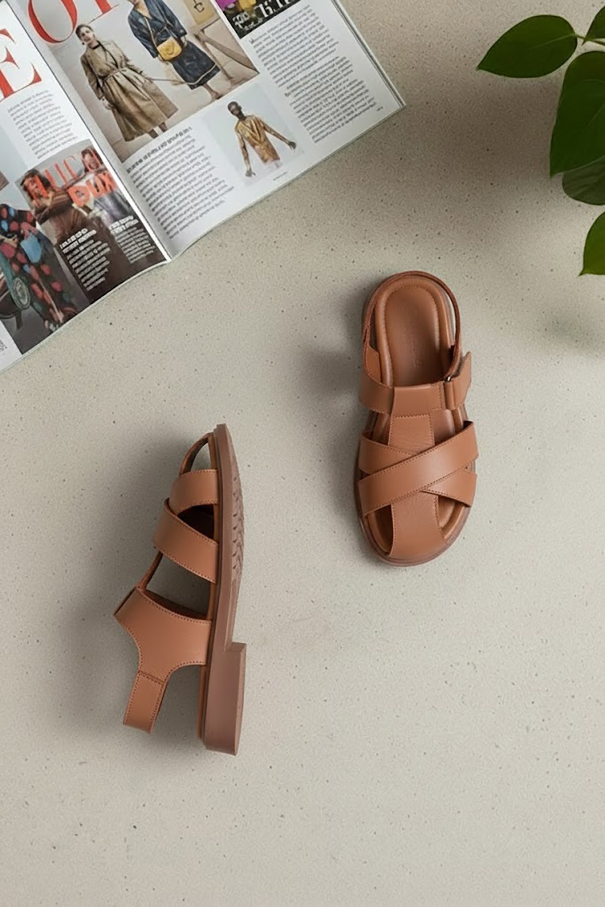 Ayakkabı Fuarı Taba Ayakkabı Fuarı Elit Hakiki ASVR460 Kadın Deri Düz Sandalet