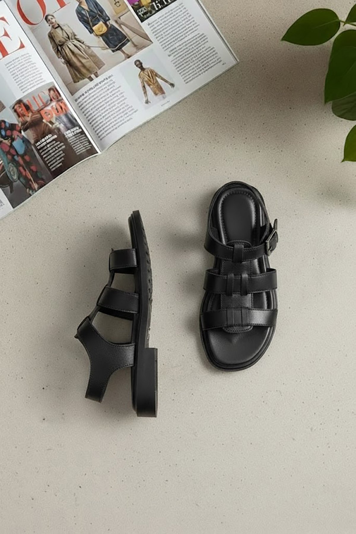 Ayakkabı Fuarı Siyah Ayakkabı Fuarı Elit ASVR404 Kadın Hakiki Deri Düz Sandalet