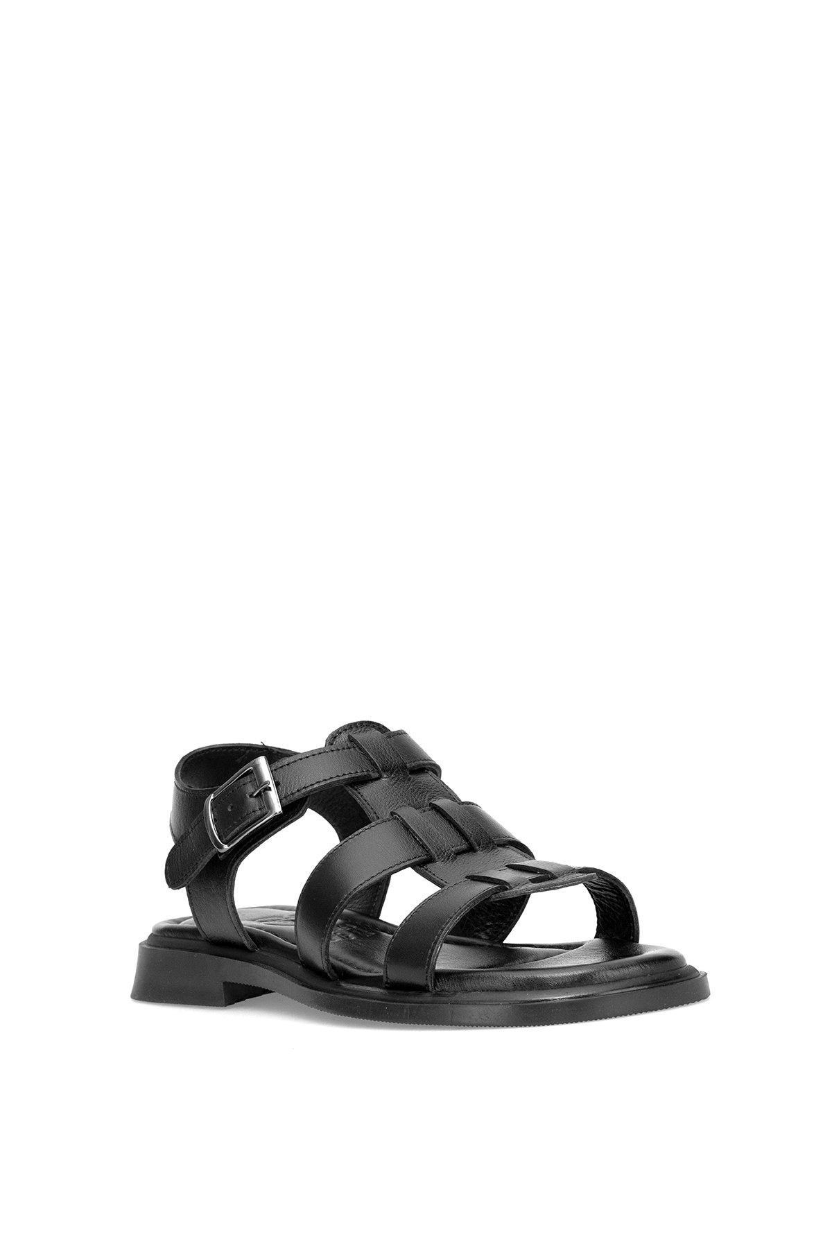 Ayakkabı Fuarı Siyah Ayakkabı Fuarı Elit ASVR404 Kadın Hakiki Deri Düz Sandalet