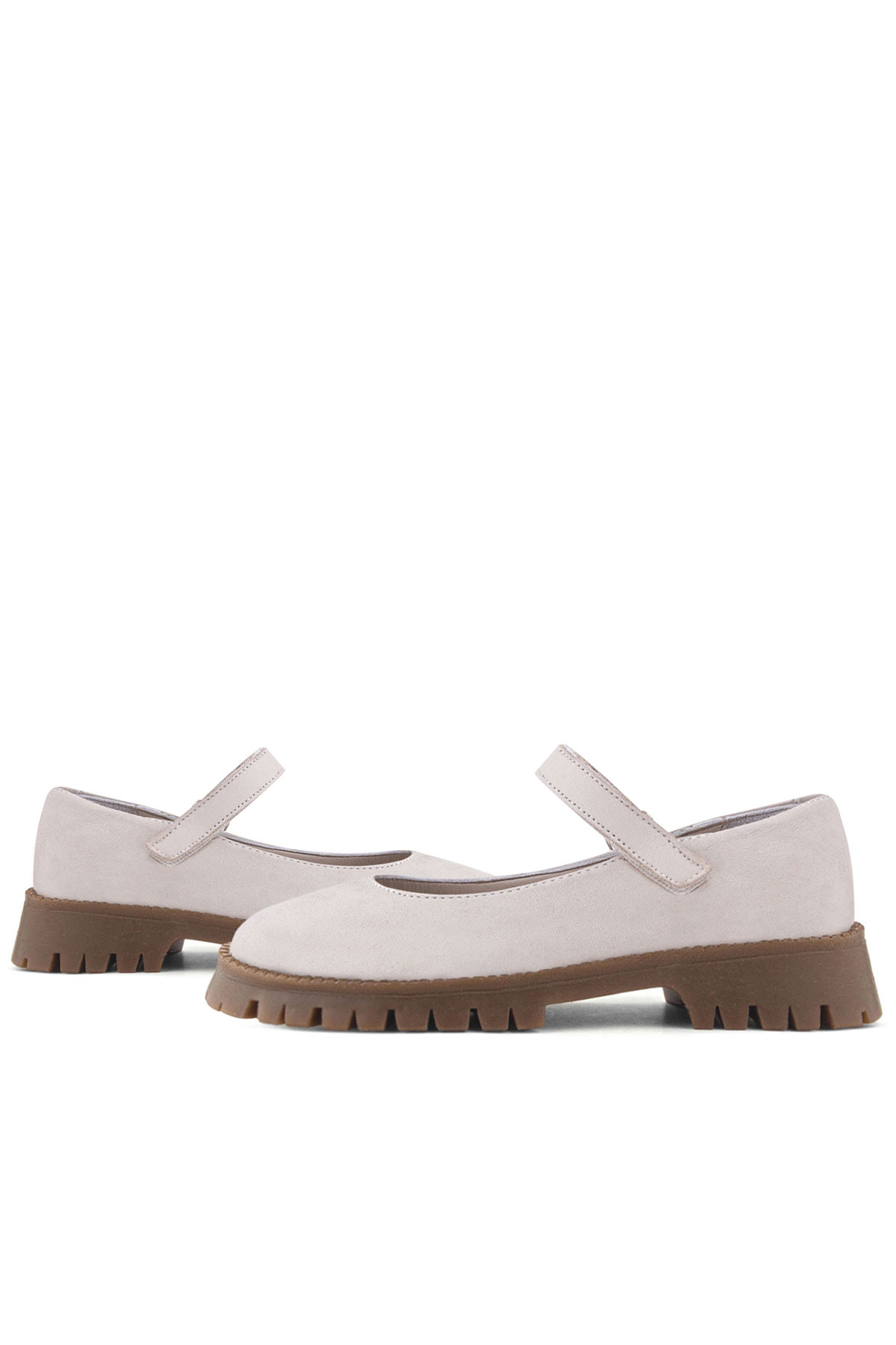 Rakerplus Bej Rakerplus Hakiki Deri Krem Nubuk Cırtlı Kalın Tabanlı Kız Çocuk Okul Ayakkabısı