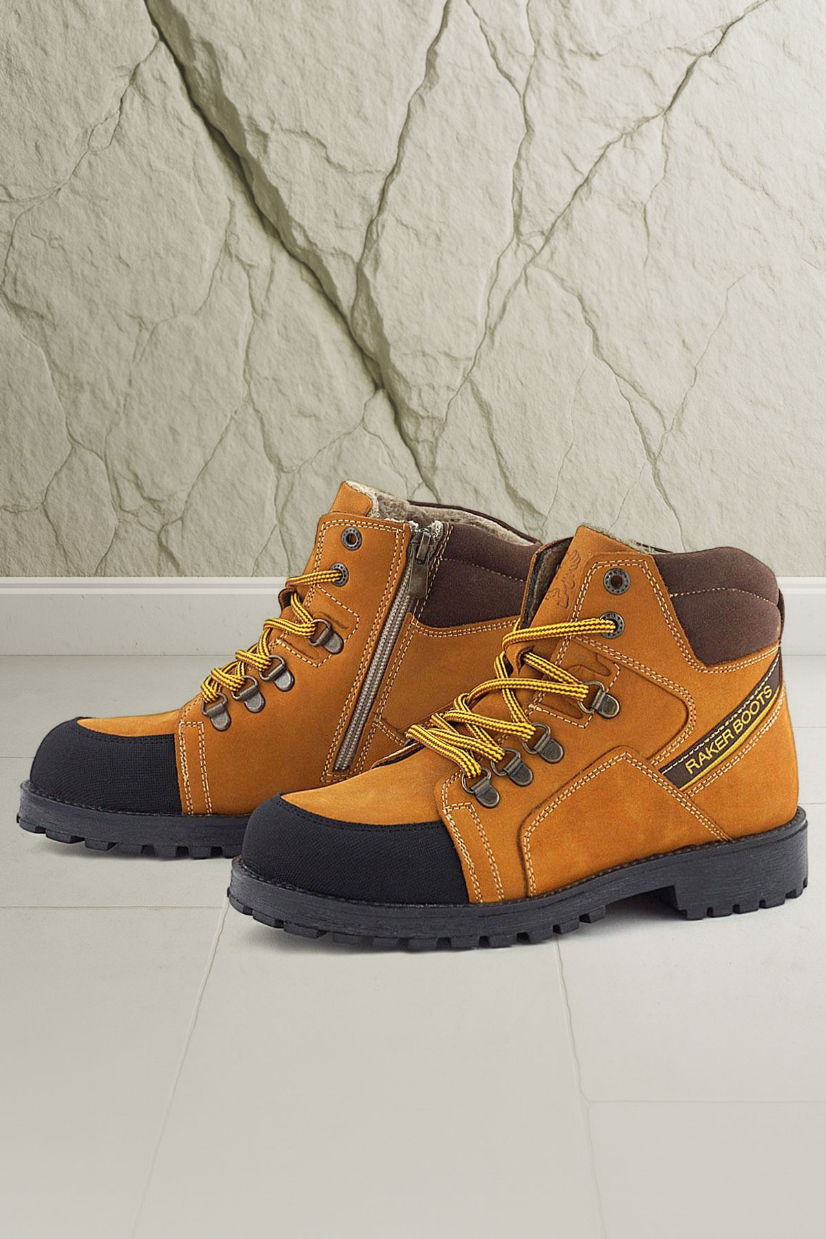 Rakerplus Sari Rakerplus Hakiki Deri Kahve Bağcıklı Fermuarlı Çocuk Bot