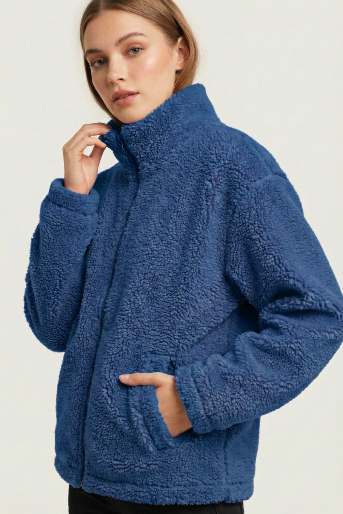 Kadın Peluş Tam Fermuarlı Cepli Sherpa Kuzu Kumaş Oversize Peluş