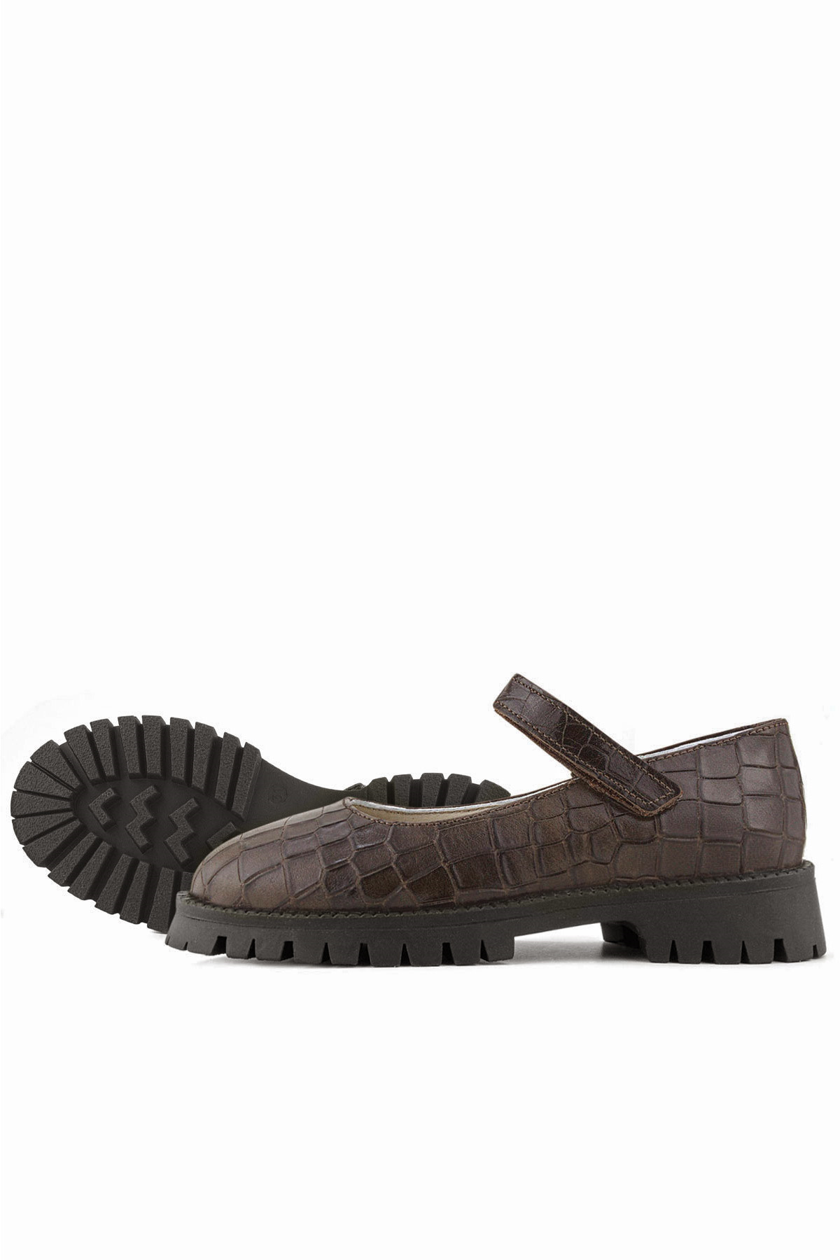 Rakerplus Kahverengi Rakerplus Hakiki Deri Desenli Cırtlı Kalın Tabanlı Kız Çocuk Ayakkabısı