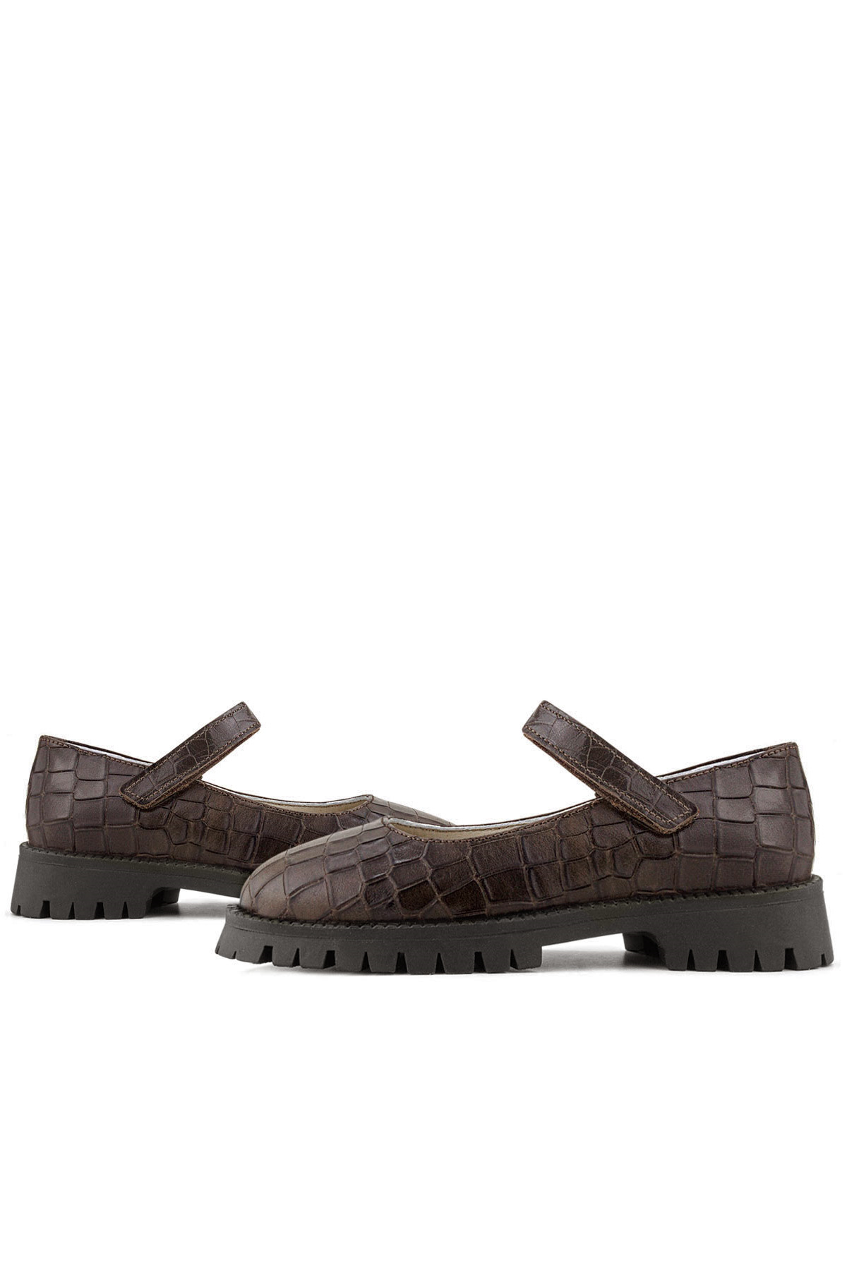 Rakerplus Kahverengi Rakerplus Hakiki Deri Desenli Cırtlı Kalın Tabanlı Kız Çocuk Ayakkabısı