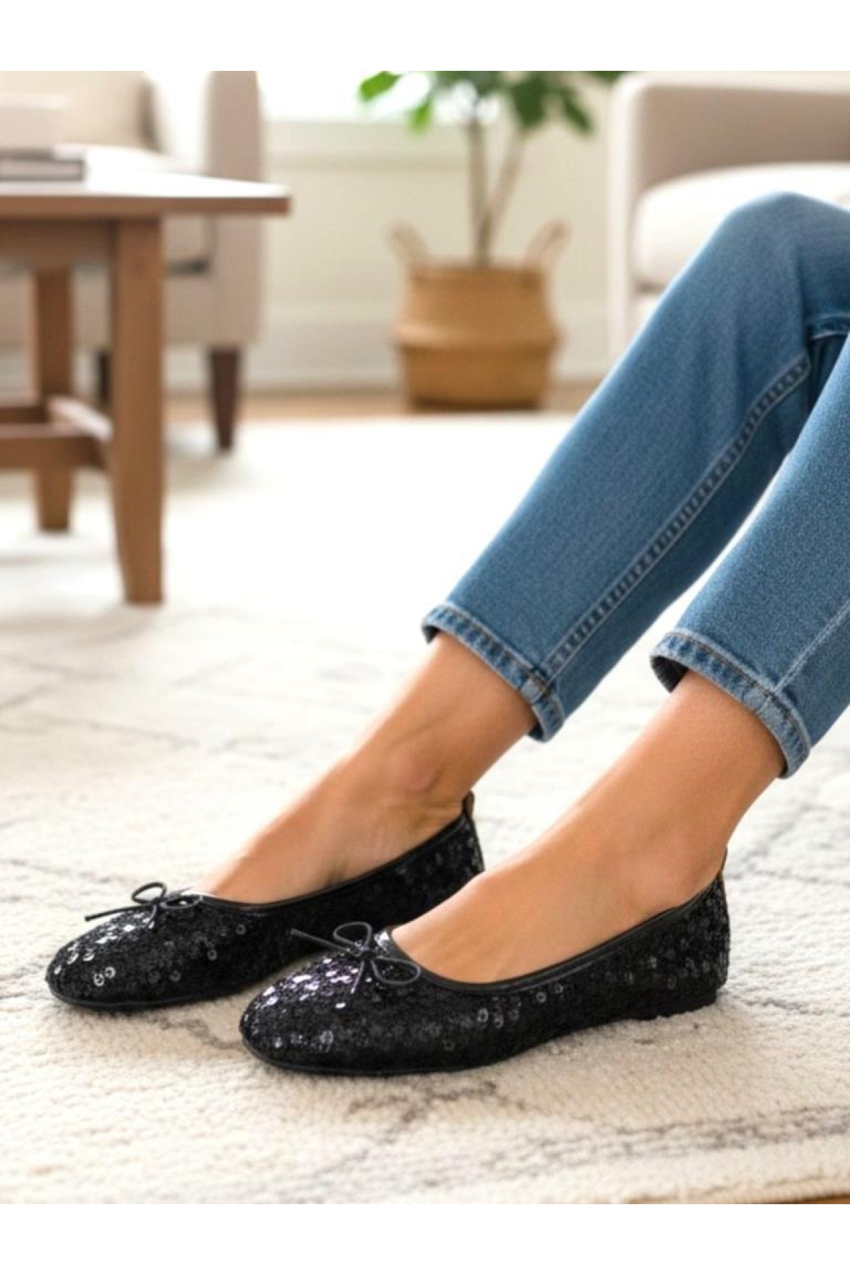 Ellaboni Siyah Ellaboni Mary Jane Kadın Simli Babet Payetli Fiyonklu Şık Günlük Babet Ev Ayakkabısı