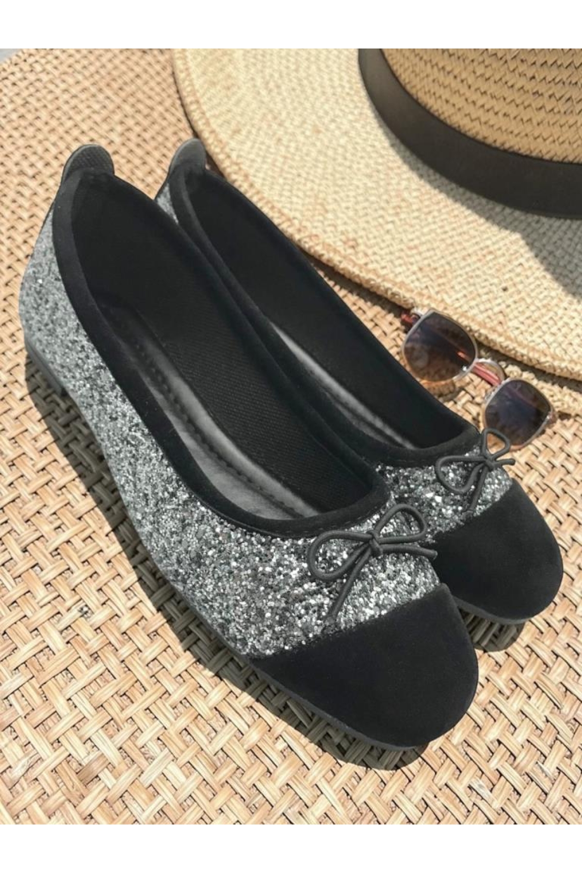 Ellaboni Siyah Ellaboni Mary Jane Kadın Simli Babet Payetli Fiyonklu Şık Günlük Babet Ev Ayakkabısı