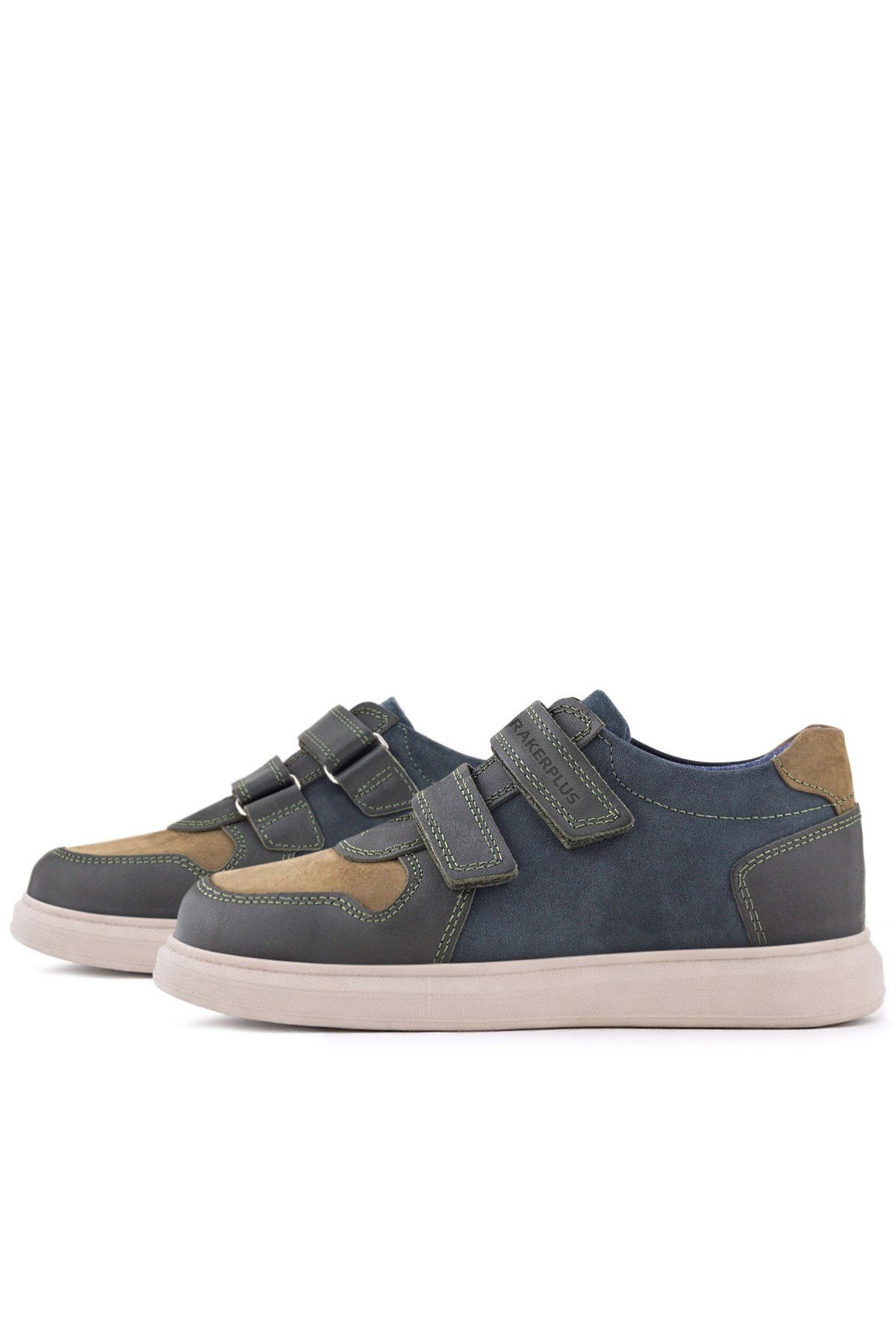 Rakerplus Haki Rakerplus Hakiki Deri Yeşil Lacivert Cırtlı Hafif Tabanlı Erkek Çocuk Spor Ayakkabı