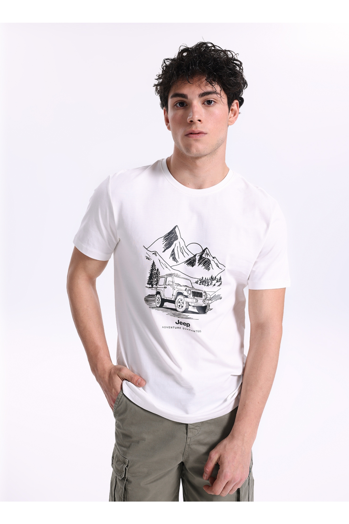 Bisiklet Yaka Baskılı Kırık Beyaz Erkek T-Shirt J6SM-TST7420