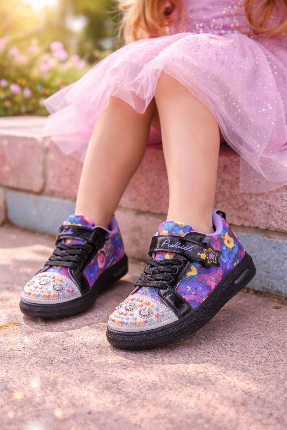 SMİLE Taş Detaylı Desenli Cırtlı Kız Çocuk Işıklı Günlük Sneaker