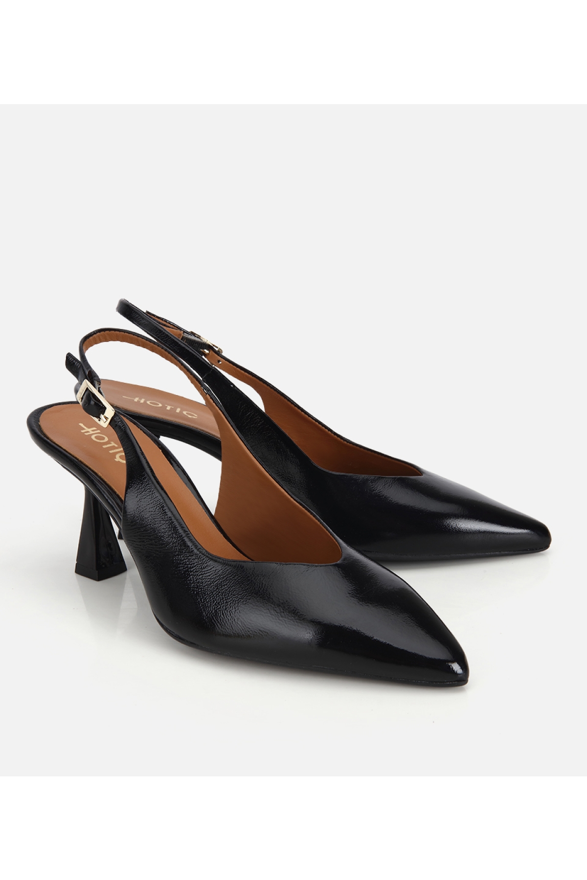 Hotiç Siyah Hotiç Hotiç Rugan Kadın Deri Sivri Burunlu Arkası Açık Kısa Topuklu Stiletto