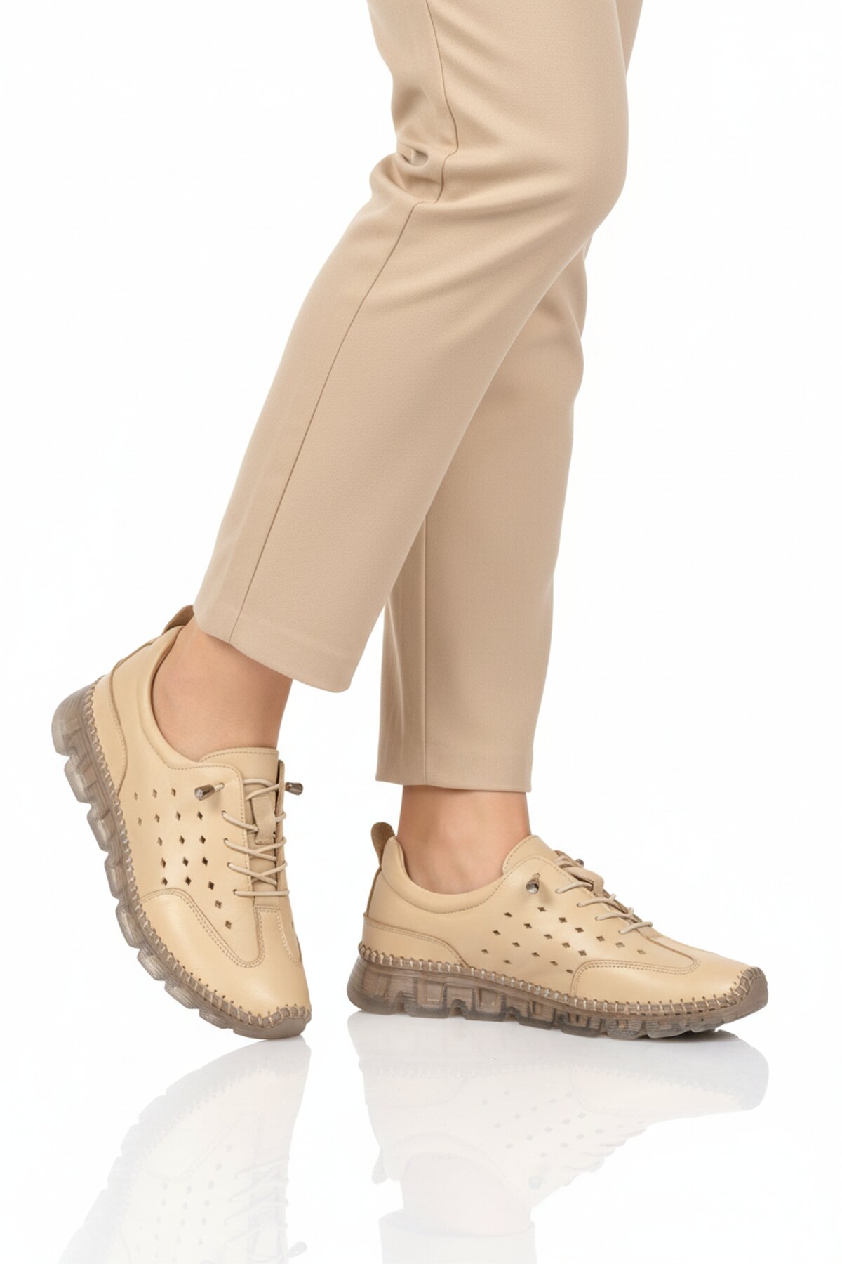 A Spor Bej A Spor Hakiki Deri Kadın Casual Ayakkabı
