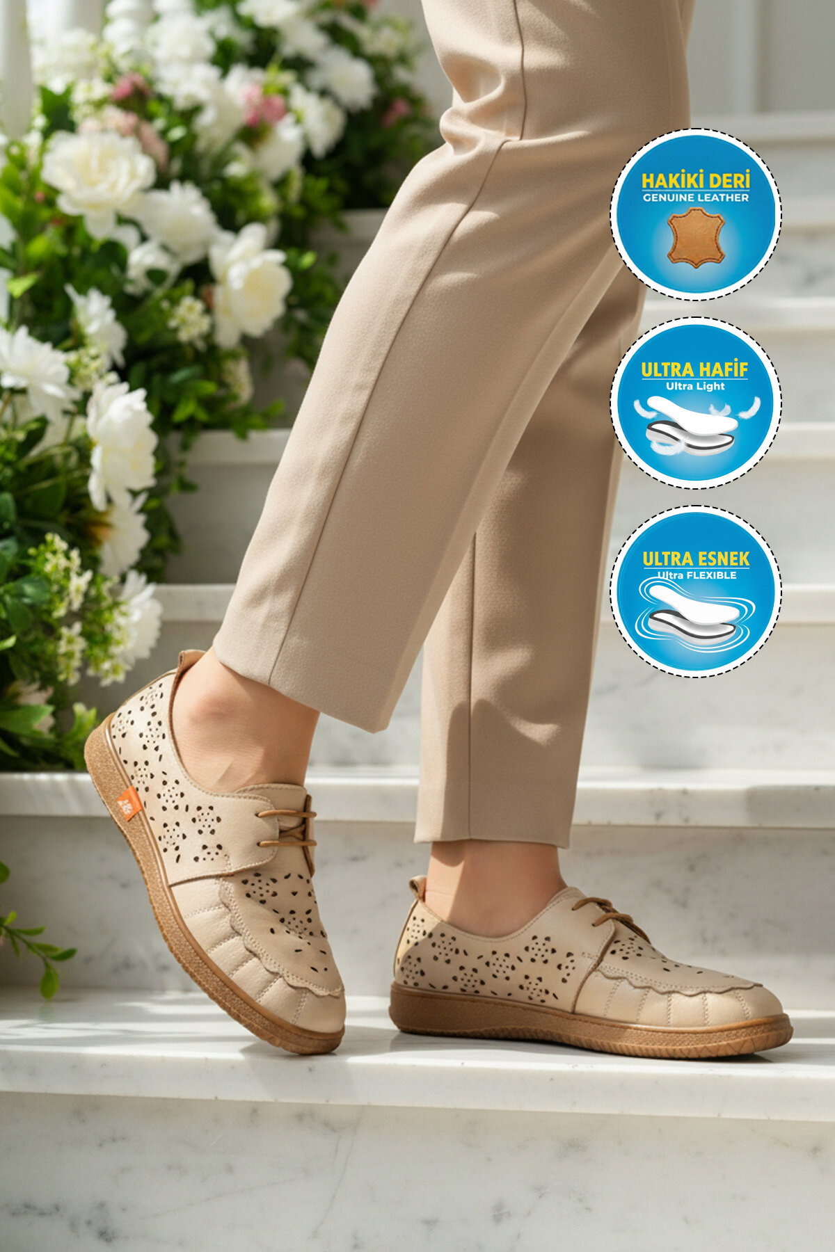 A Spor Bej A Spor Hakiki Deri Kadın Casual Ayakkabı
