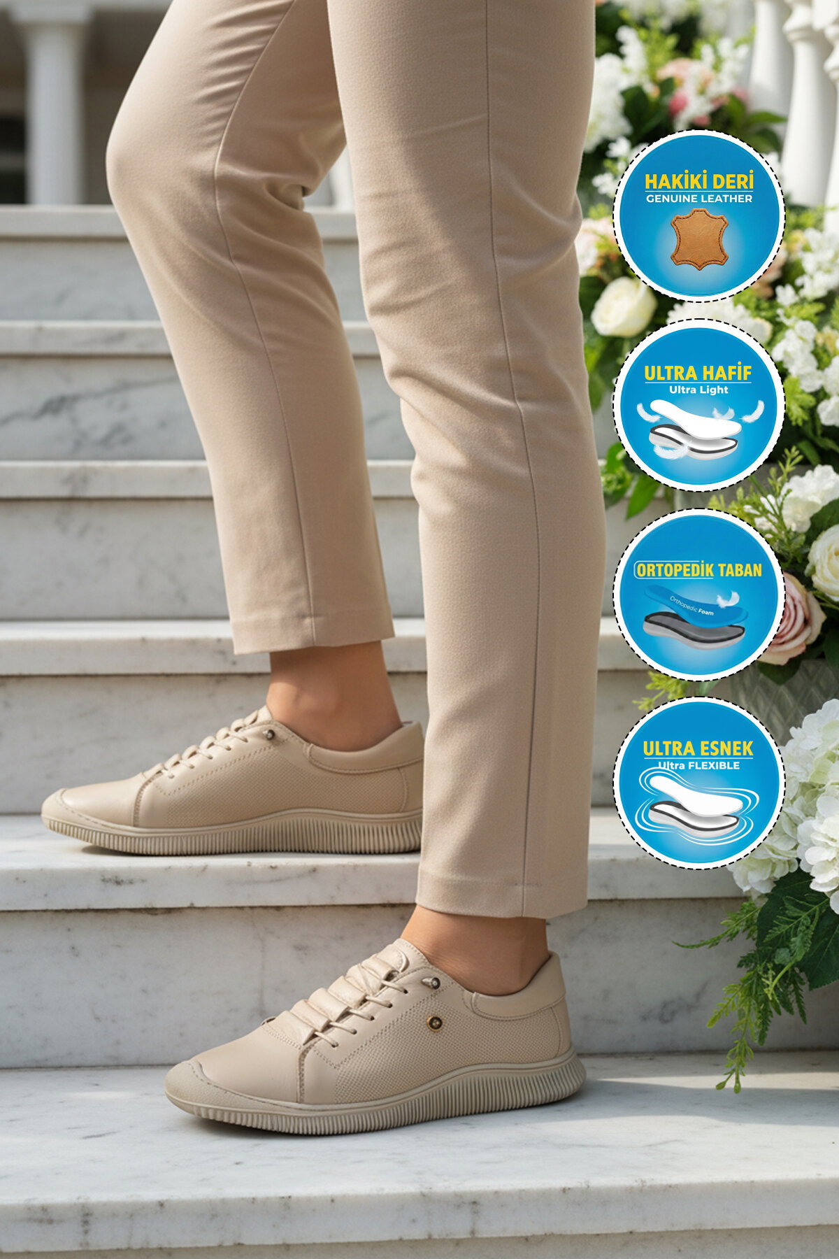 A Spor Bej A Spor Hakiki Deri Kadın Casual Ayakkabı