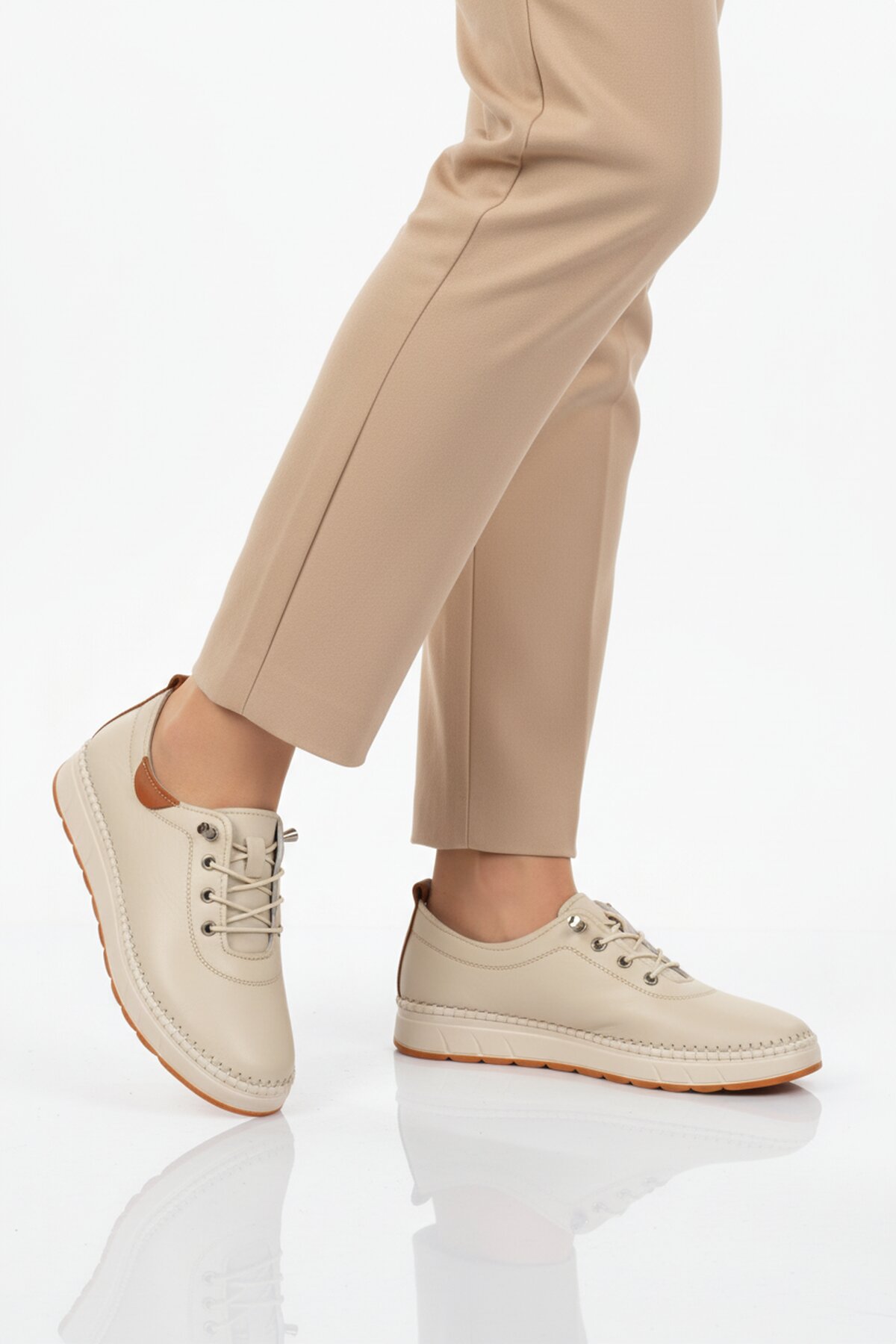 A Spor Bej A Spor Hakiki Deri Kadın Casual Ayakkabı