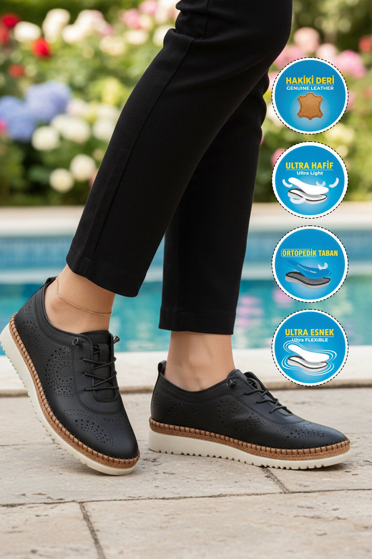 A Spor Siyah A Spor Hakiki Deri Kadın Casual Ayakkabı