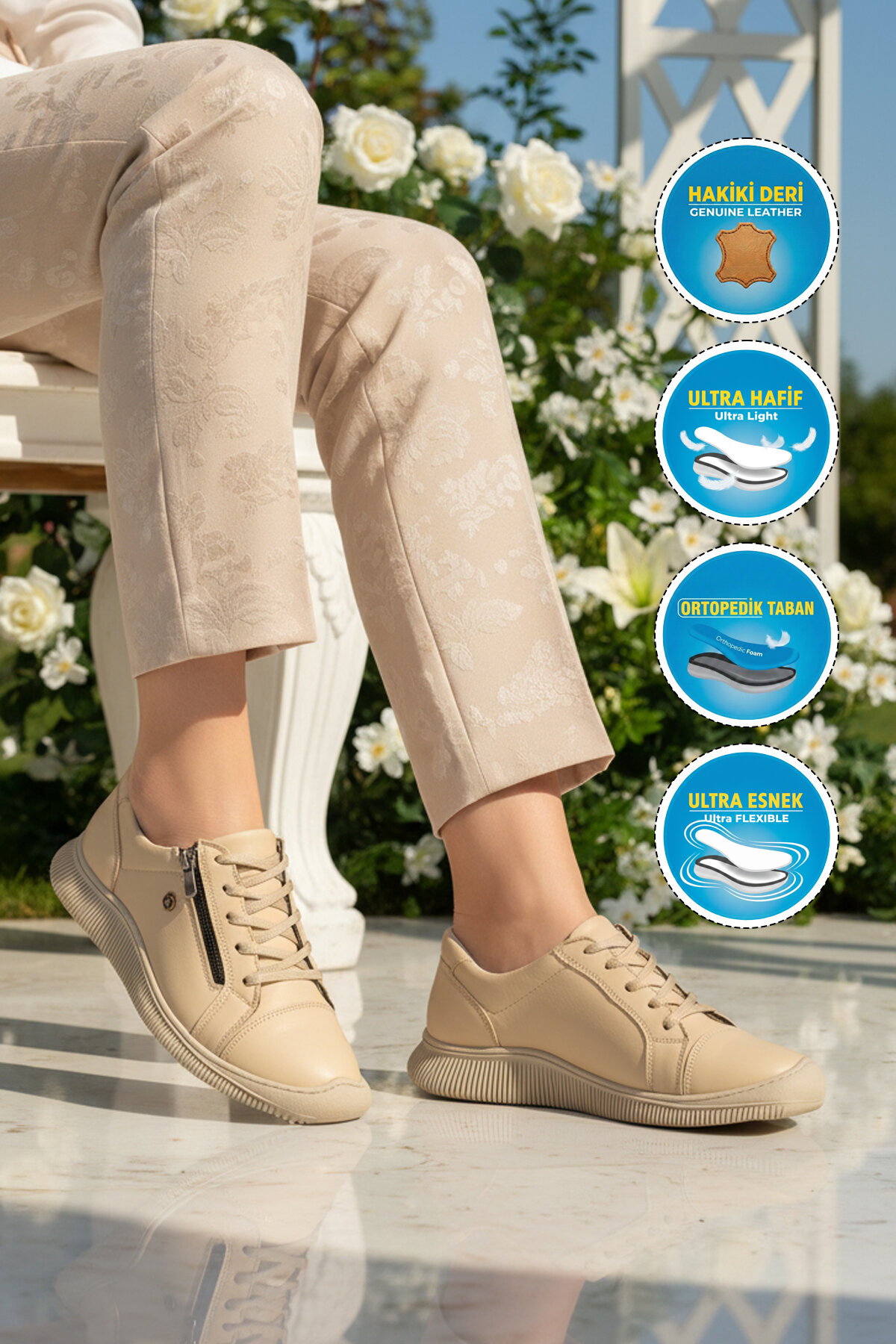 A Spor Bej A Spor Hakiki Deri Kadın Casual Ayakkabı