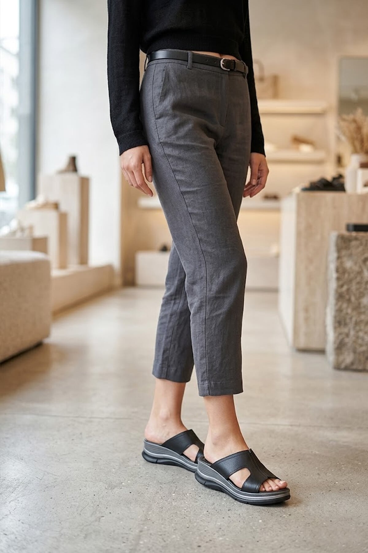 Ayakkabı Fuarı Yeşil Ayakkabı Fuarı Fuari Elit KOC2565 Kadın Hakiki Deri Düz Terlik